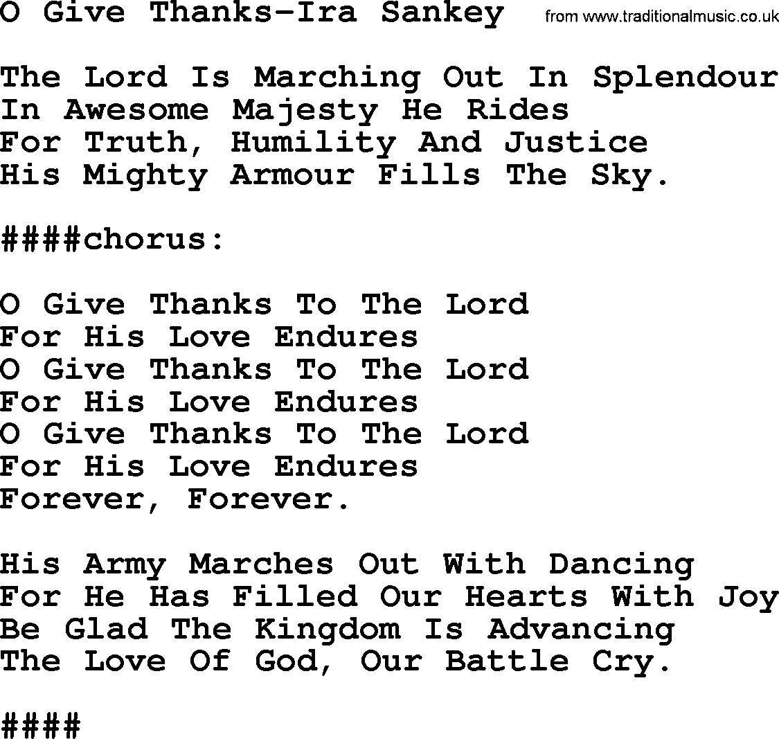Ira Sankey hymn: O Give Thanks-Ira Sankey, lyrics