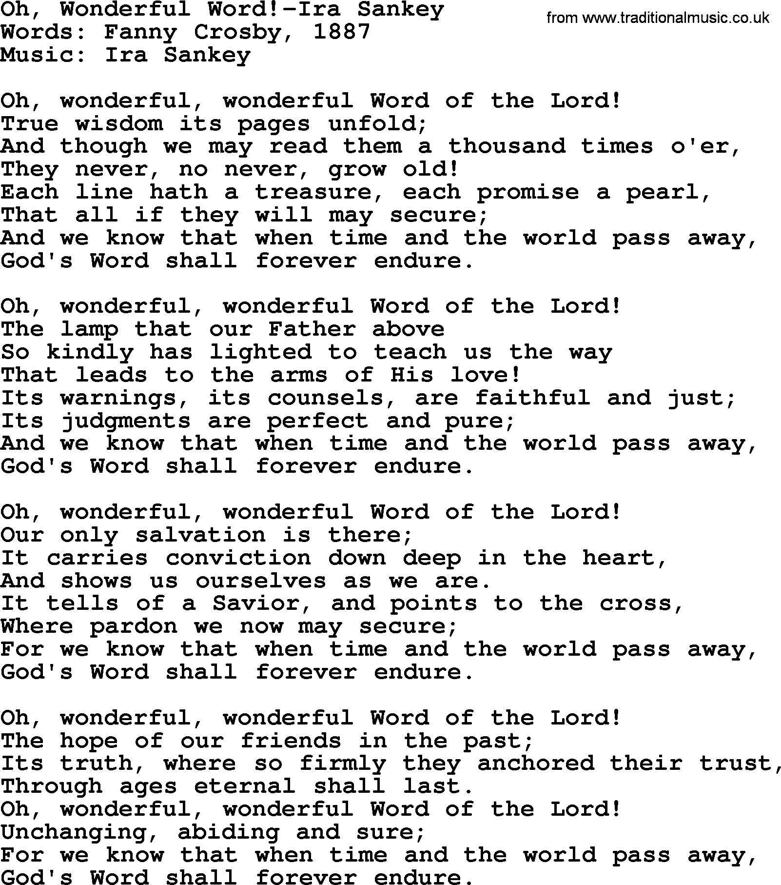 Ira Sankey hymn: Oh, Wonderful Word!-Ira Sankey, lyrics