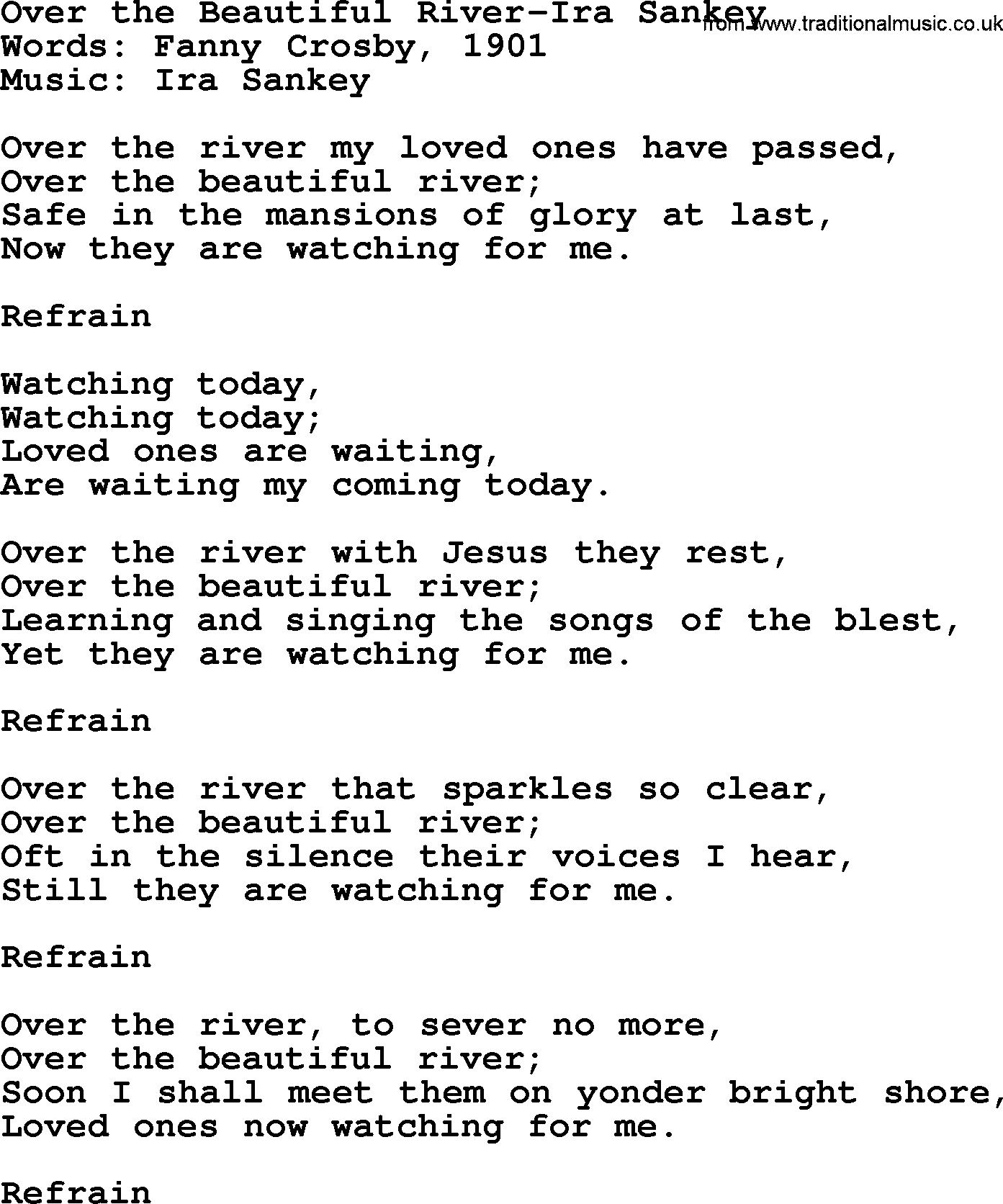 Ira Sankey hymn: Over the Beautiful River-Ira Sankey, lyrics