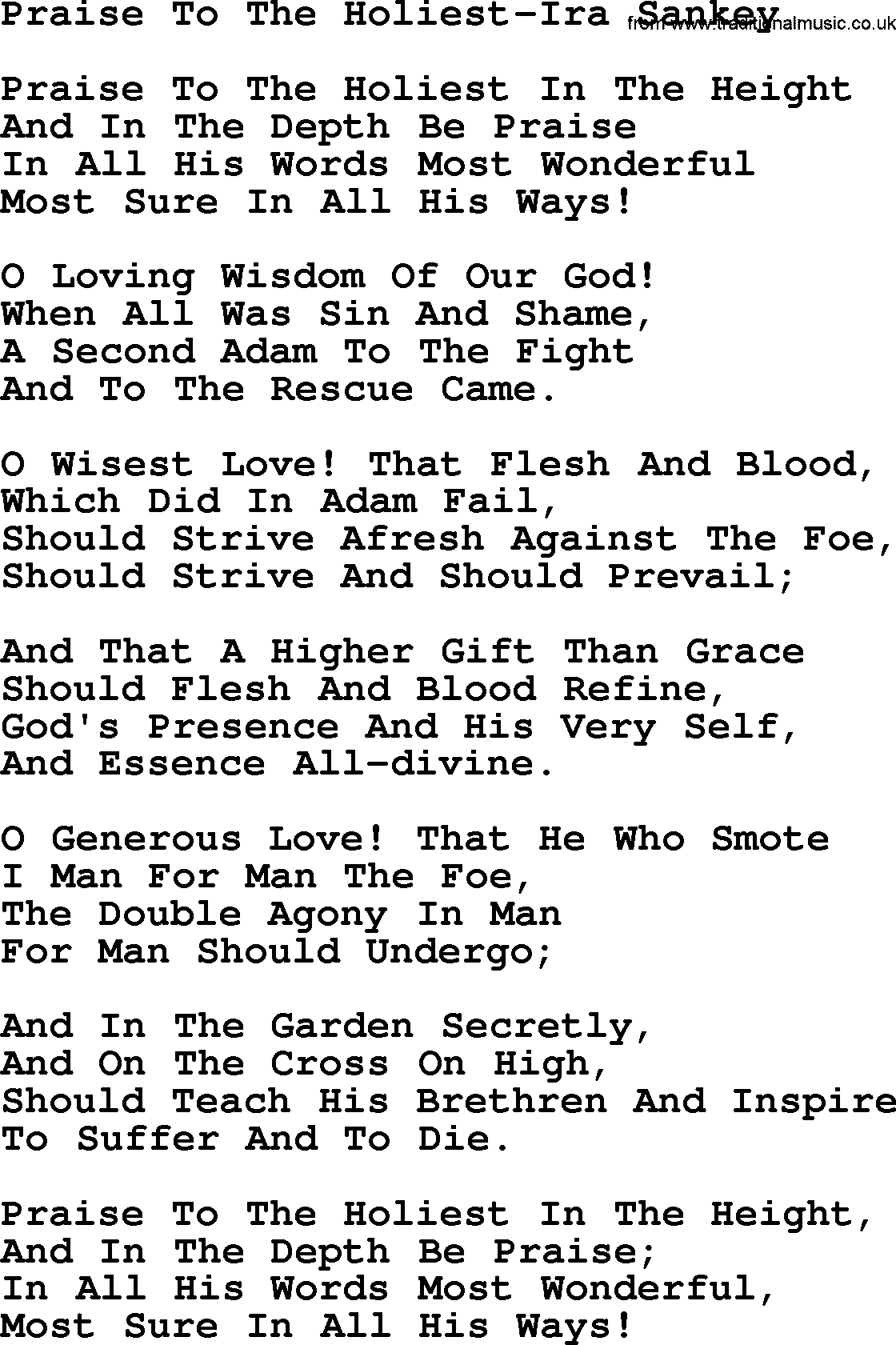 Ira Sankey hymn: Praise To The Holiest-Ira Sankey, lyrics