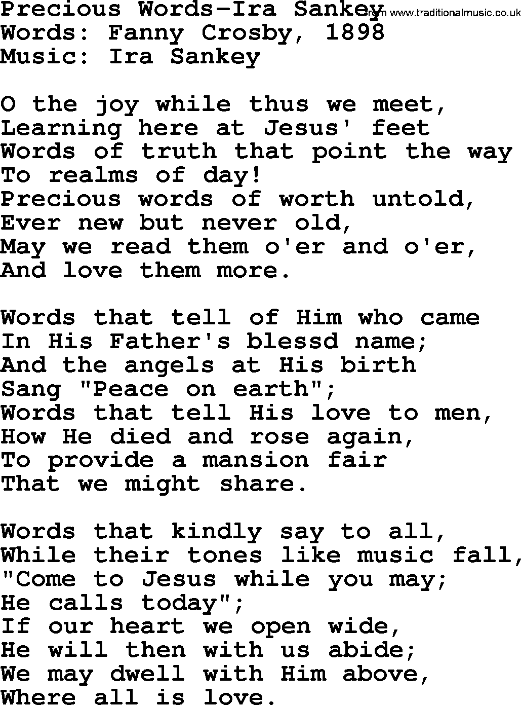 Ira Sankey hymn: Precious Words-Ira Sankey, lyrics