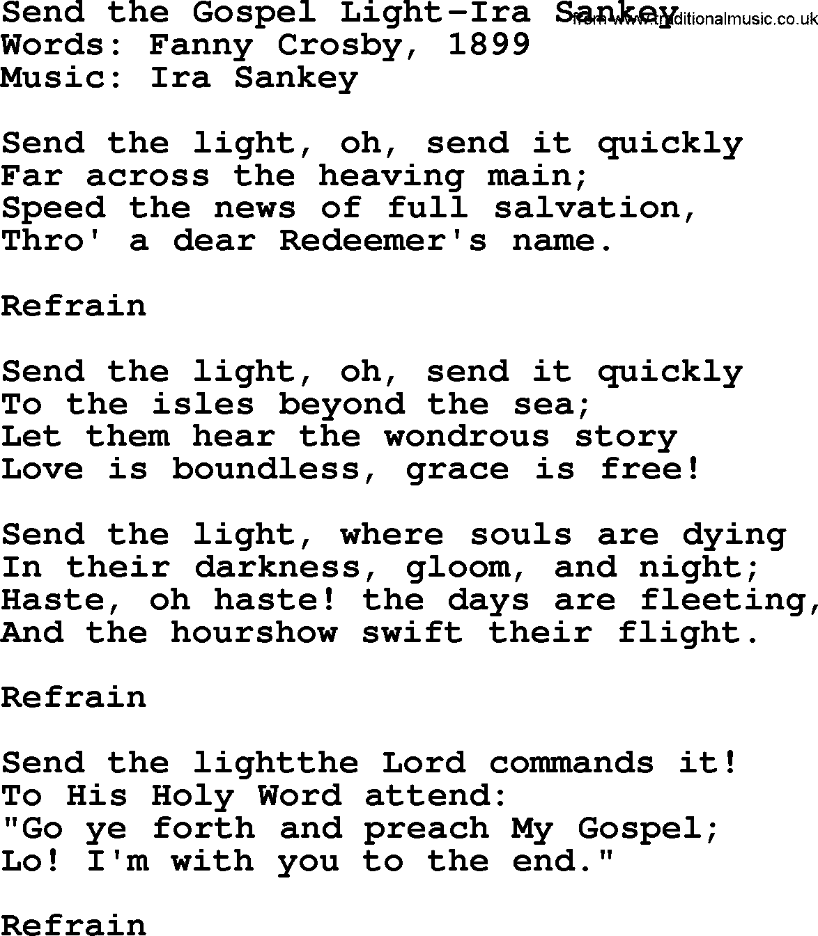 Ira Sankey hymn: Send the Gospel Light-Ira Sankey, lyrics