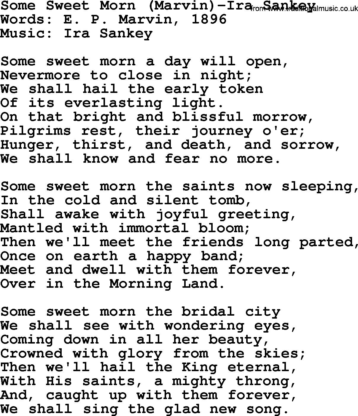 Ira Sankey hymn: Some Sweet Morn (Marvin)-Ira Sankey, lyrics
