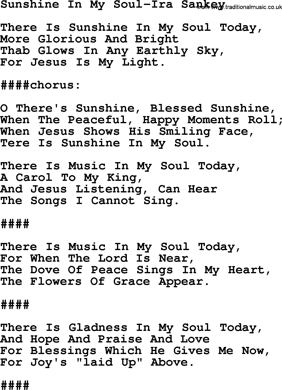 Ira Sankey hymn: Sunshine In My Soul-Ira Sankey, lyrics