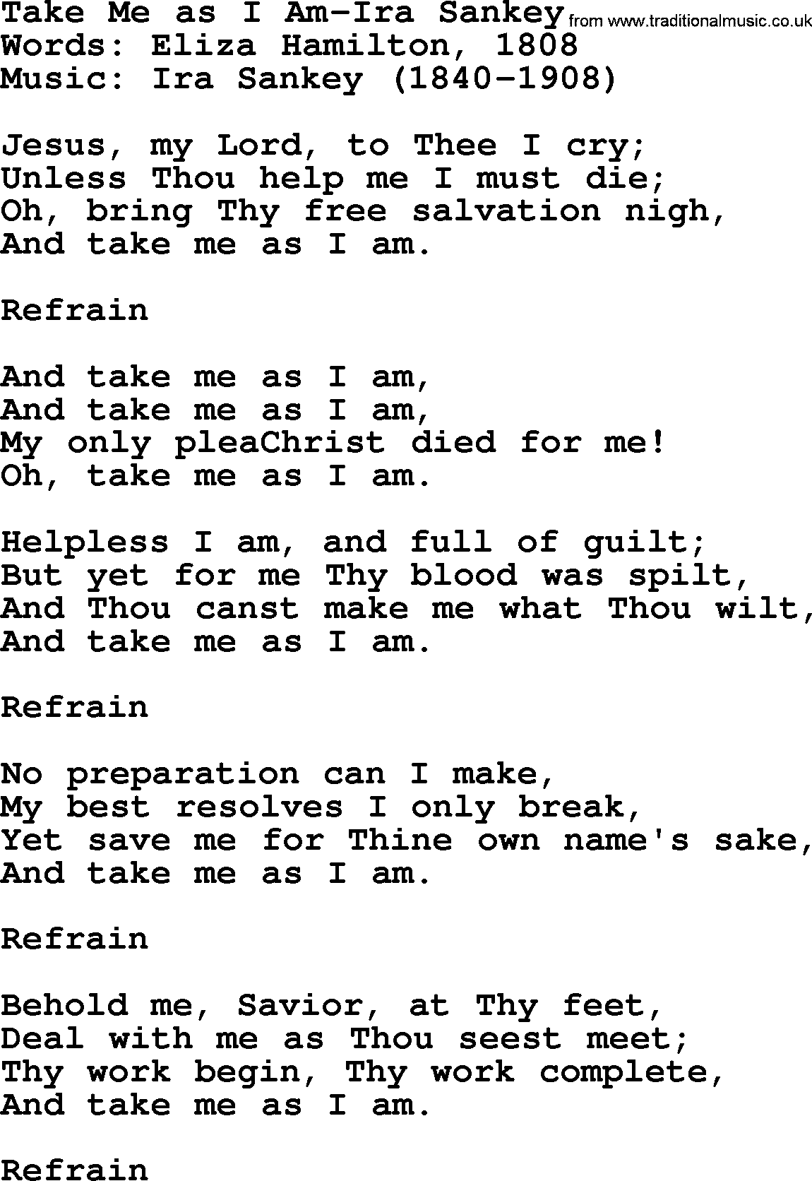 Ira Sankey hymn: Take Me as I Am-Ira Sankey, lyrics