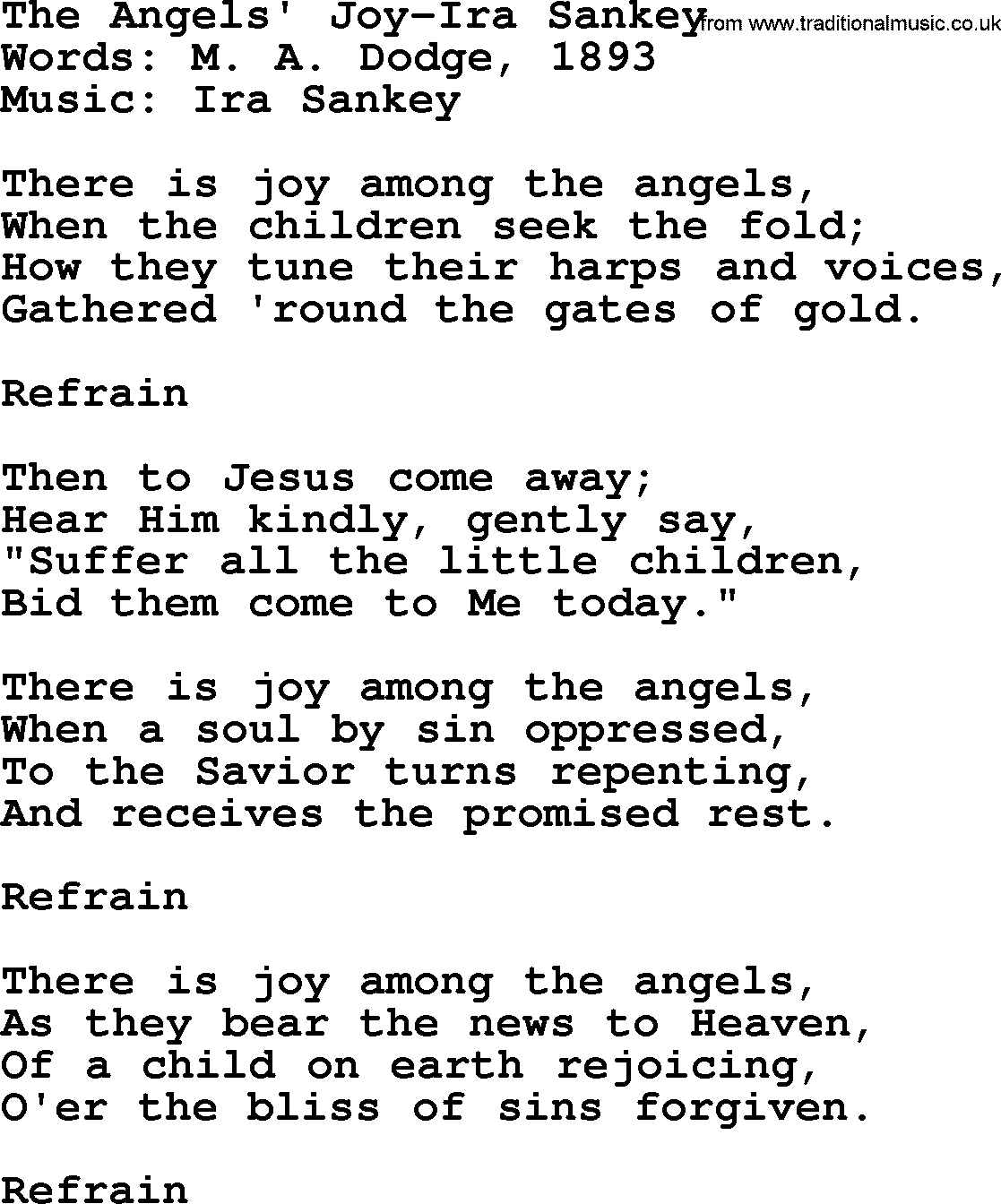 Ira Sankey hymn: The Angels' Joy-Ira Sankey, lyrics