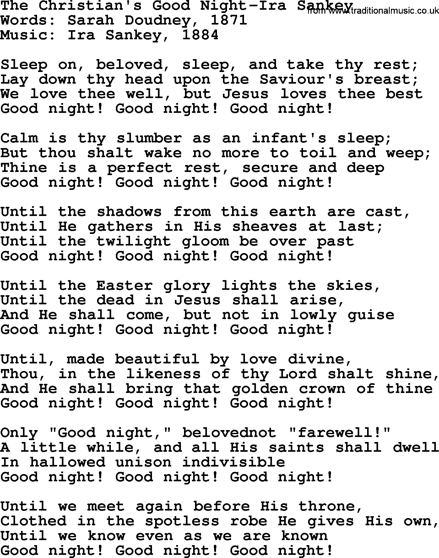 Ira Sankey hymn: The Christian's Good Night-Ira Sankey, lyrics