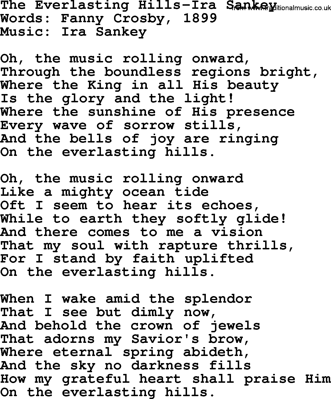 Ira Sankey hymn: The Everlasting Hills-Ira Sankey, lyrics
