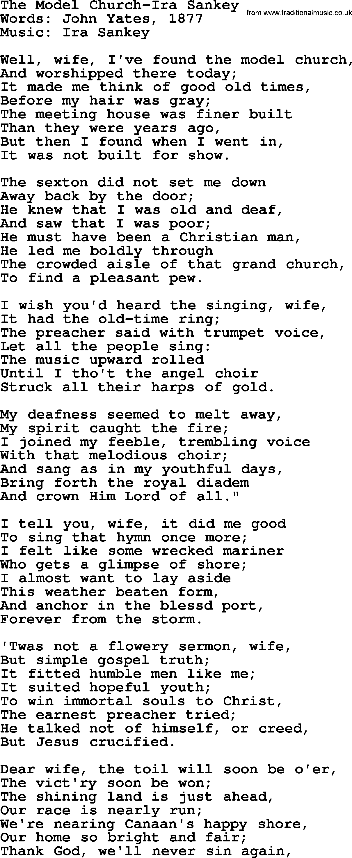 Ira Sankey hymn: The Model Church-Ira Sankey, lyrics