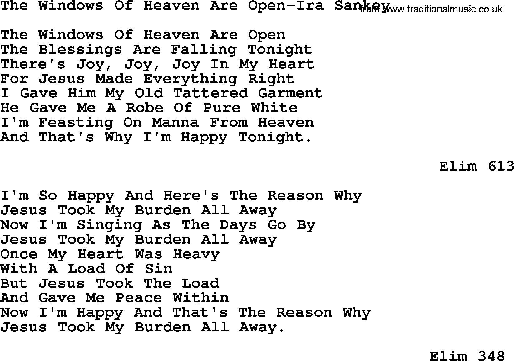 Ira Sankey hymn: The Windows Of Heaven Are Open-Ira Sankey, lyrics
