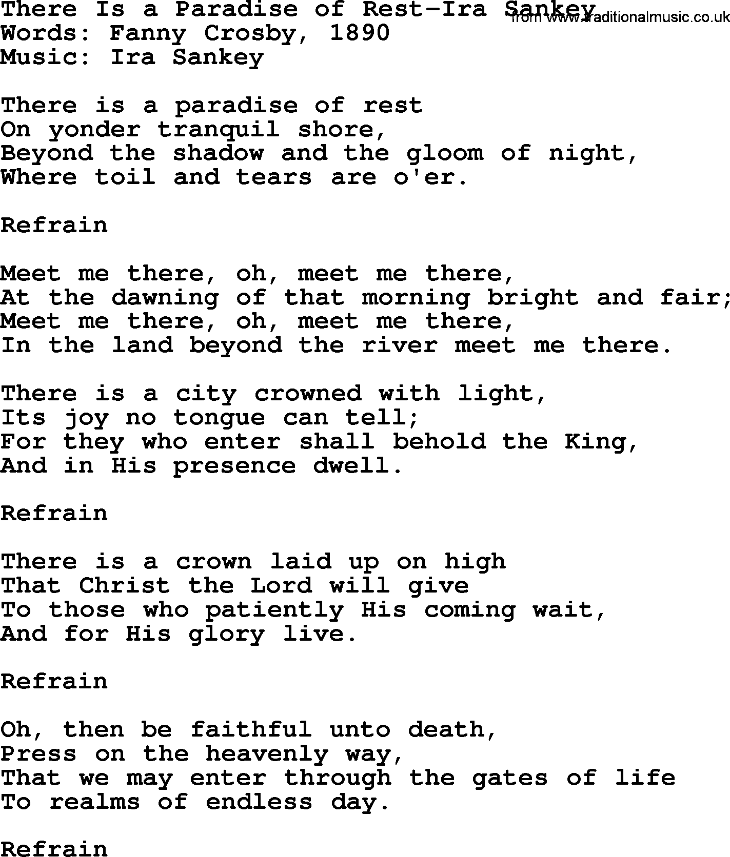 Ira Sankey hymn: There Is a Paradise of Rest-Ira Sankey, lyrics