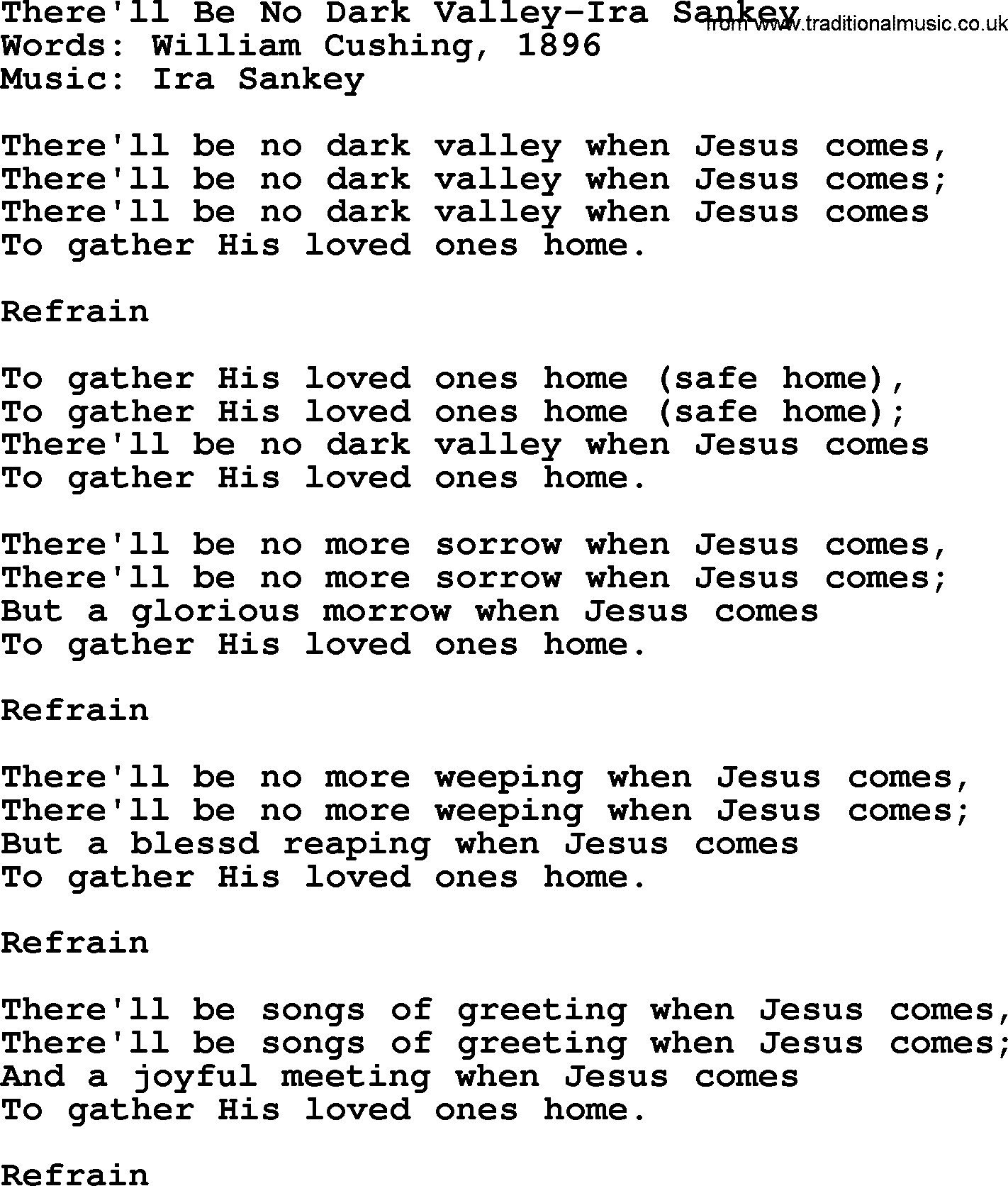 Ira Sankey hymn: There'll Be No Dark Valley-Ira Sankey, lyrics
