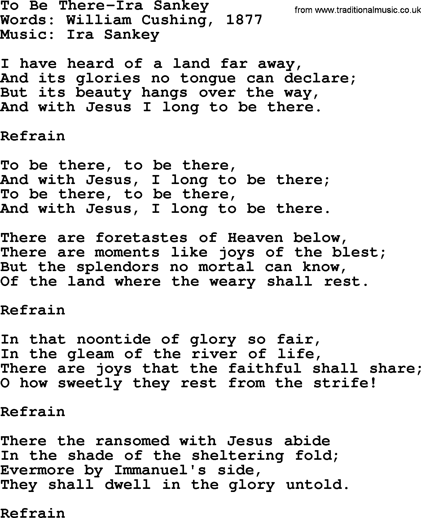 Ira Sankey hymn: To Be There-Ira Sankey, lyrics