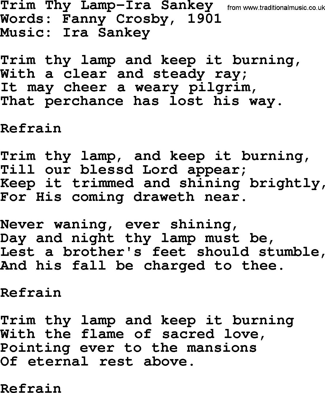 Ira Sankey hymn: Trim Thy Lamp-Ira Sankey, lyrics