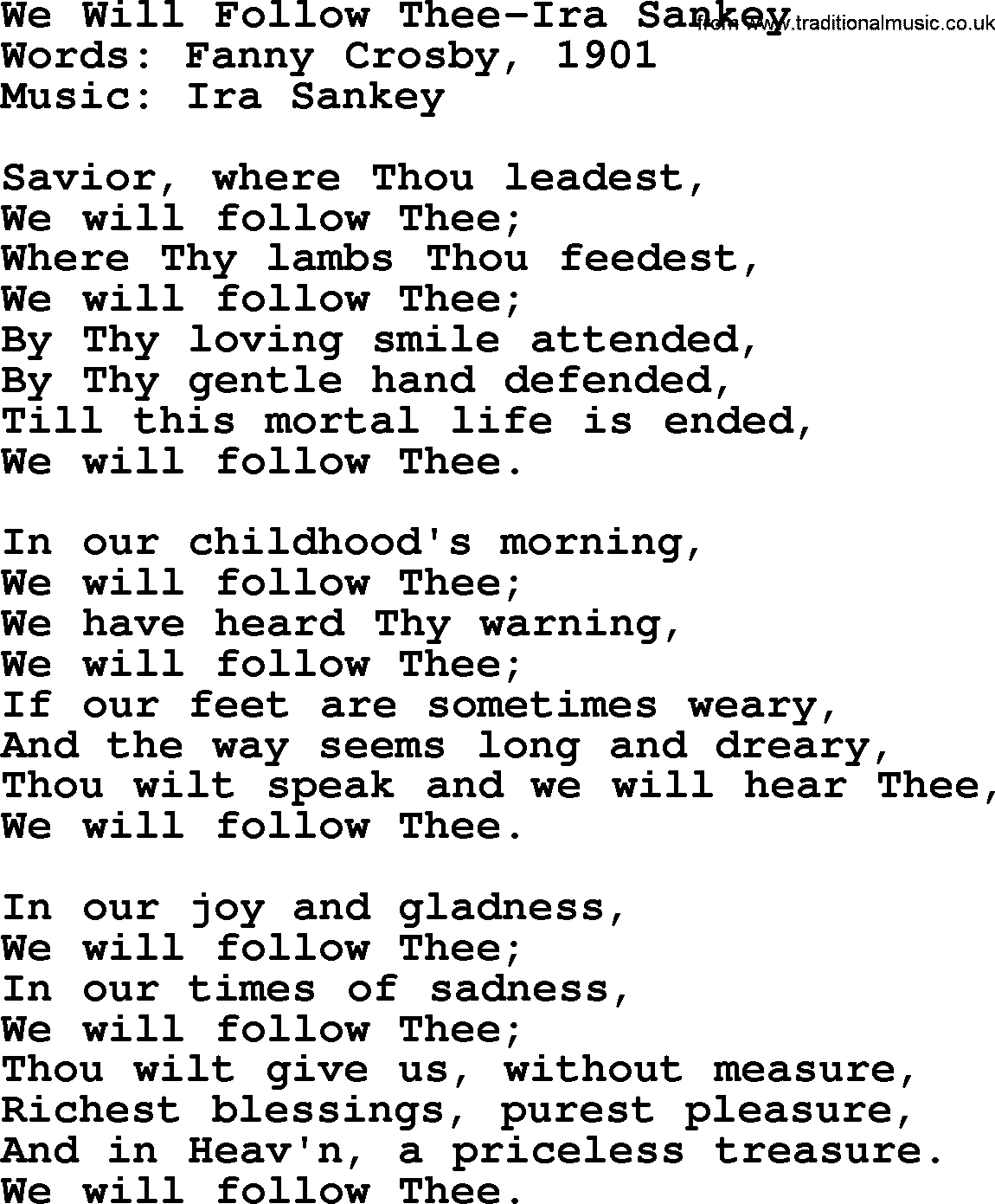 Ira Sankey hymn: We Will Follow Thee-Ira Sankey, lyrics