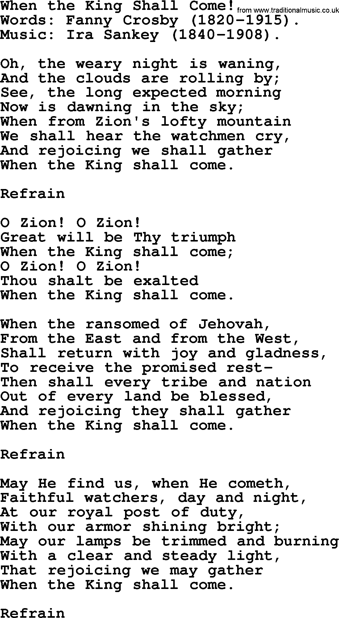 Ira Sankey hymn: When the King Shall Come!-Ira Sankey, lyrics