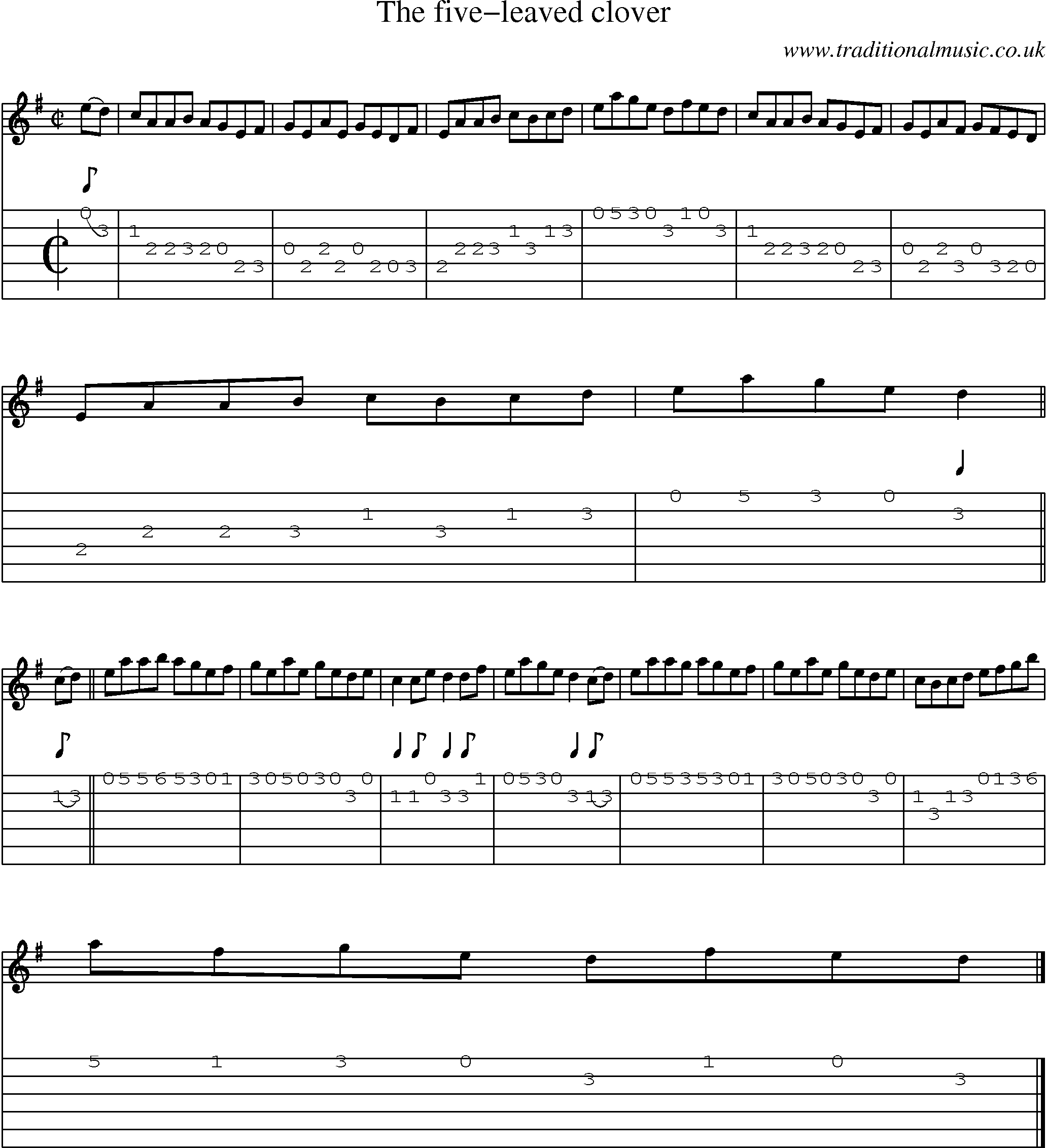 Music Score and Guitar Tabs for Five Leaved Clover