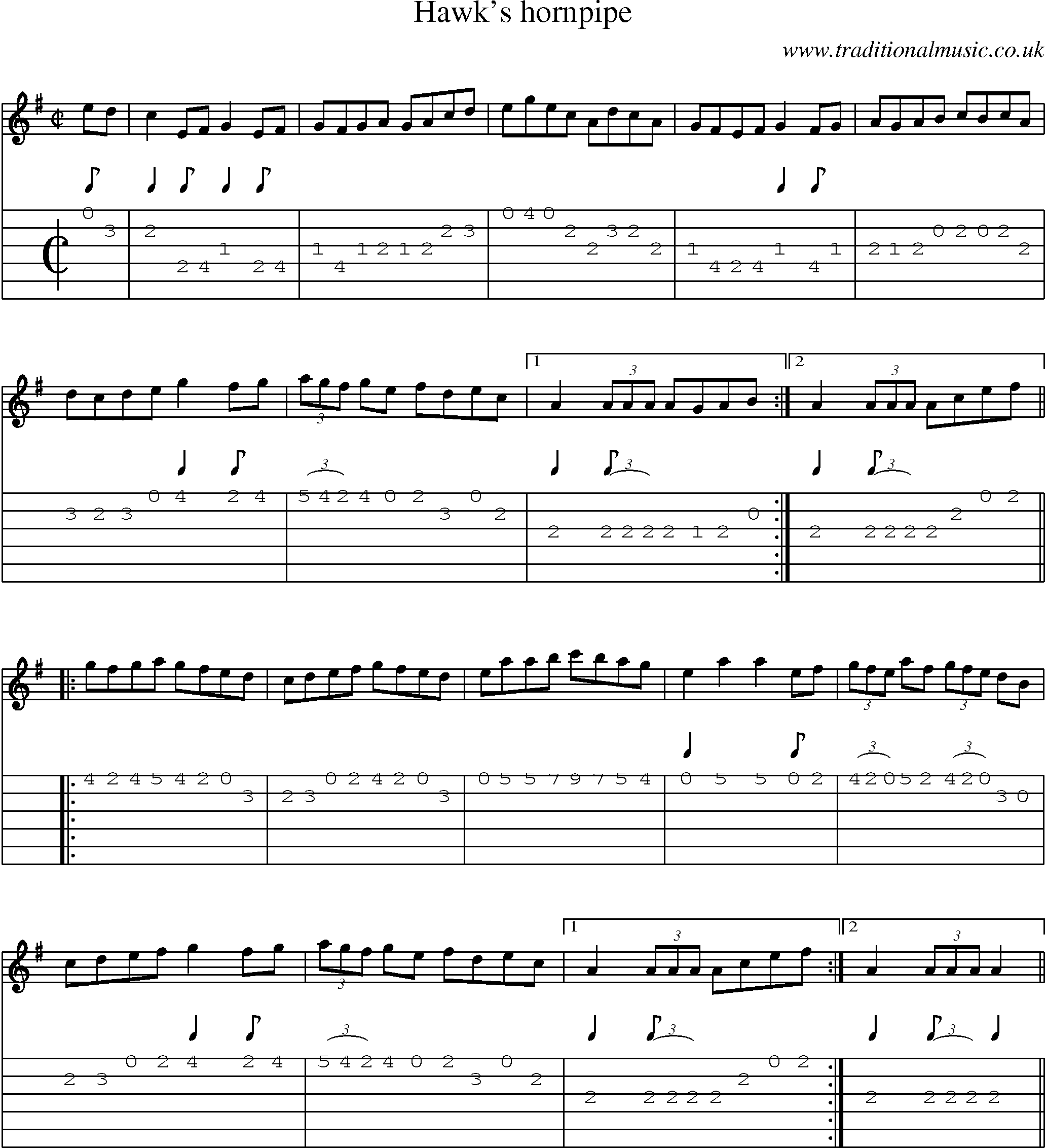 Music Score and Guitar Tabs for Hawks Hornpipe