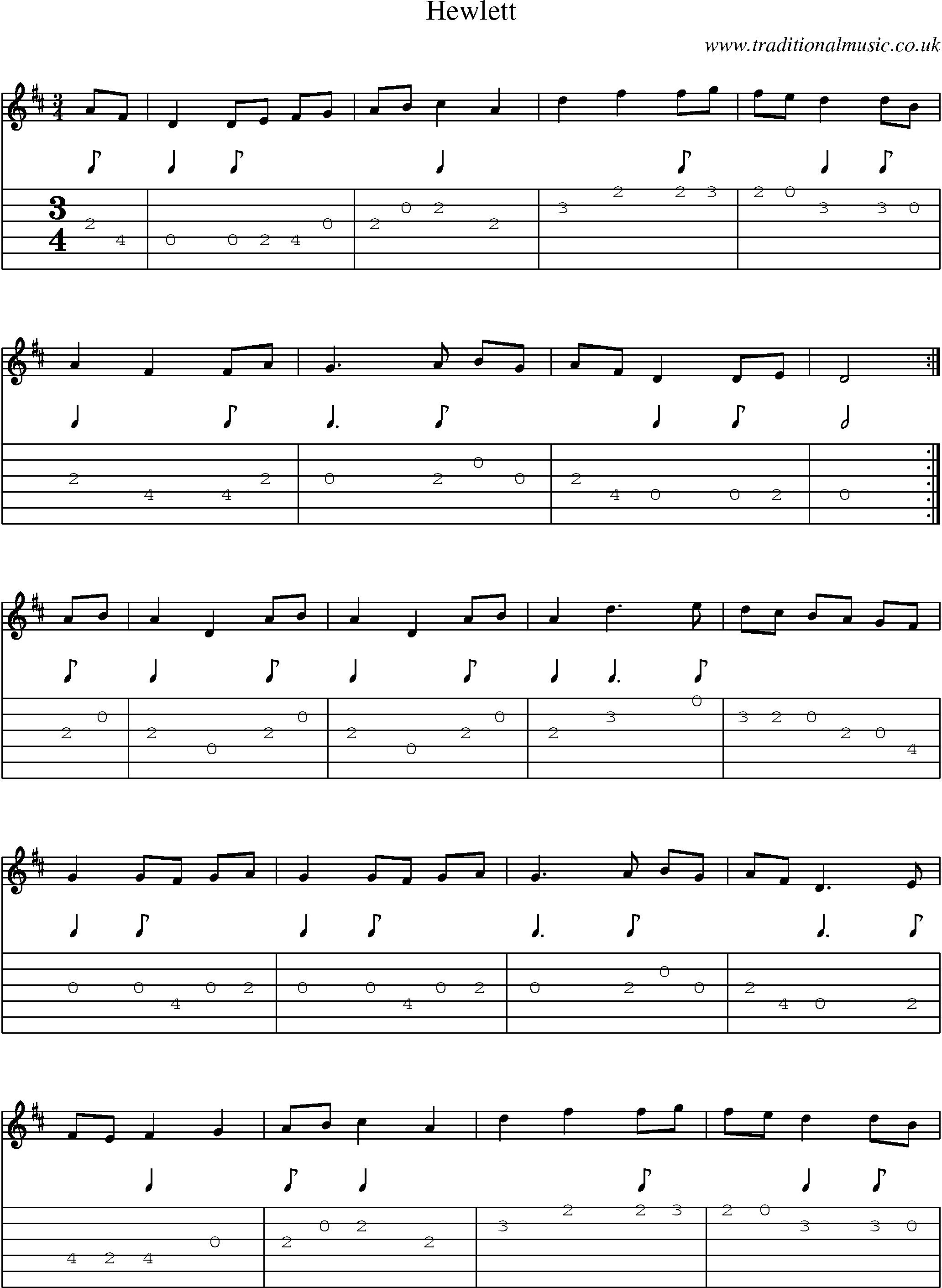 Music Score and Guitar Tabs for Hewlett