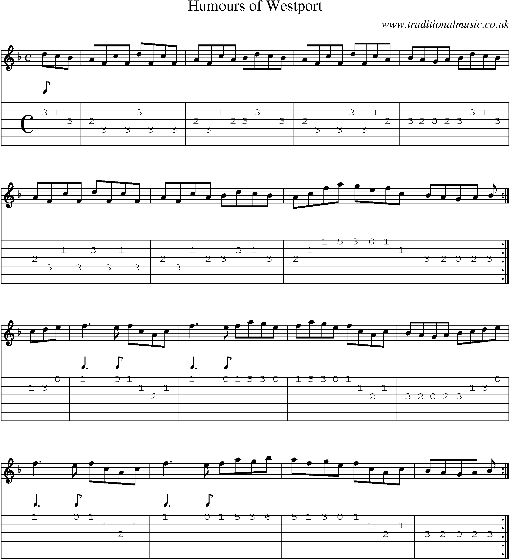 Music Score and Guitar Tabs for Humours Of Westport