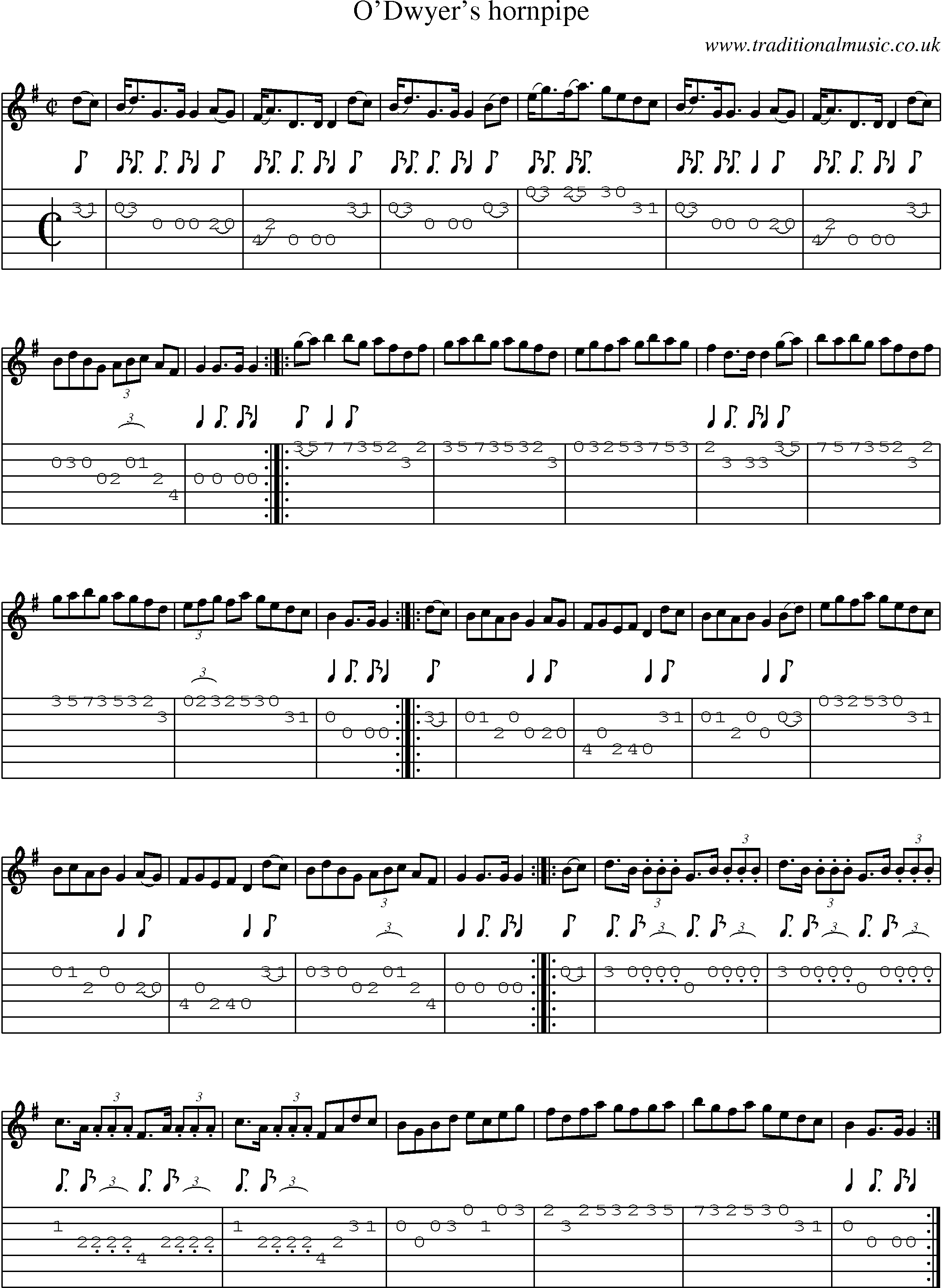 Music Score and Guitar Tabs for O Dwyers Hornpipe
