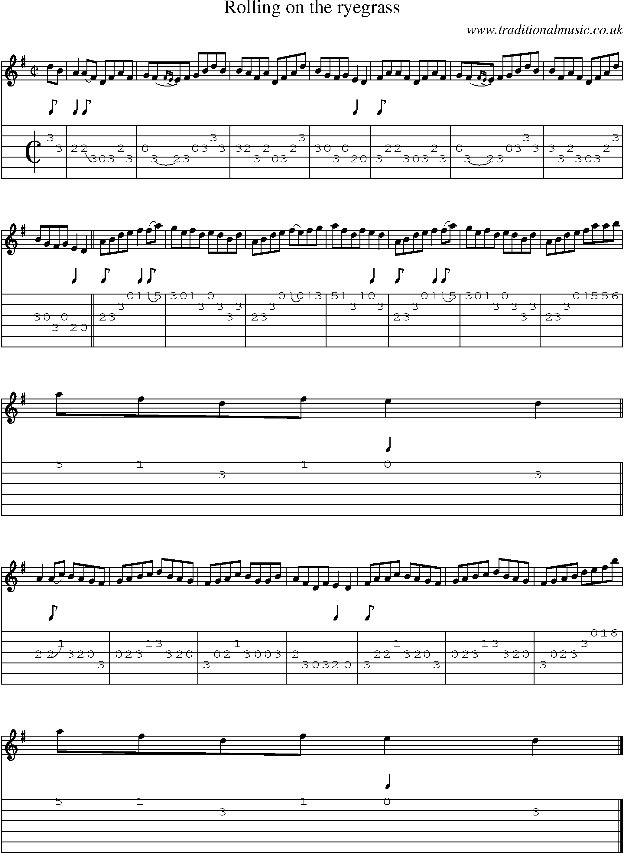Music Score and Guitar Tabs for Rolling On The Ryegrass