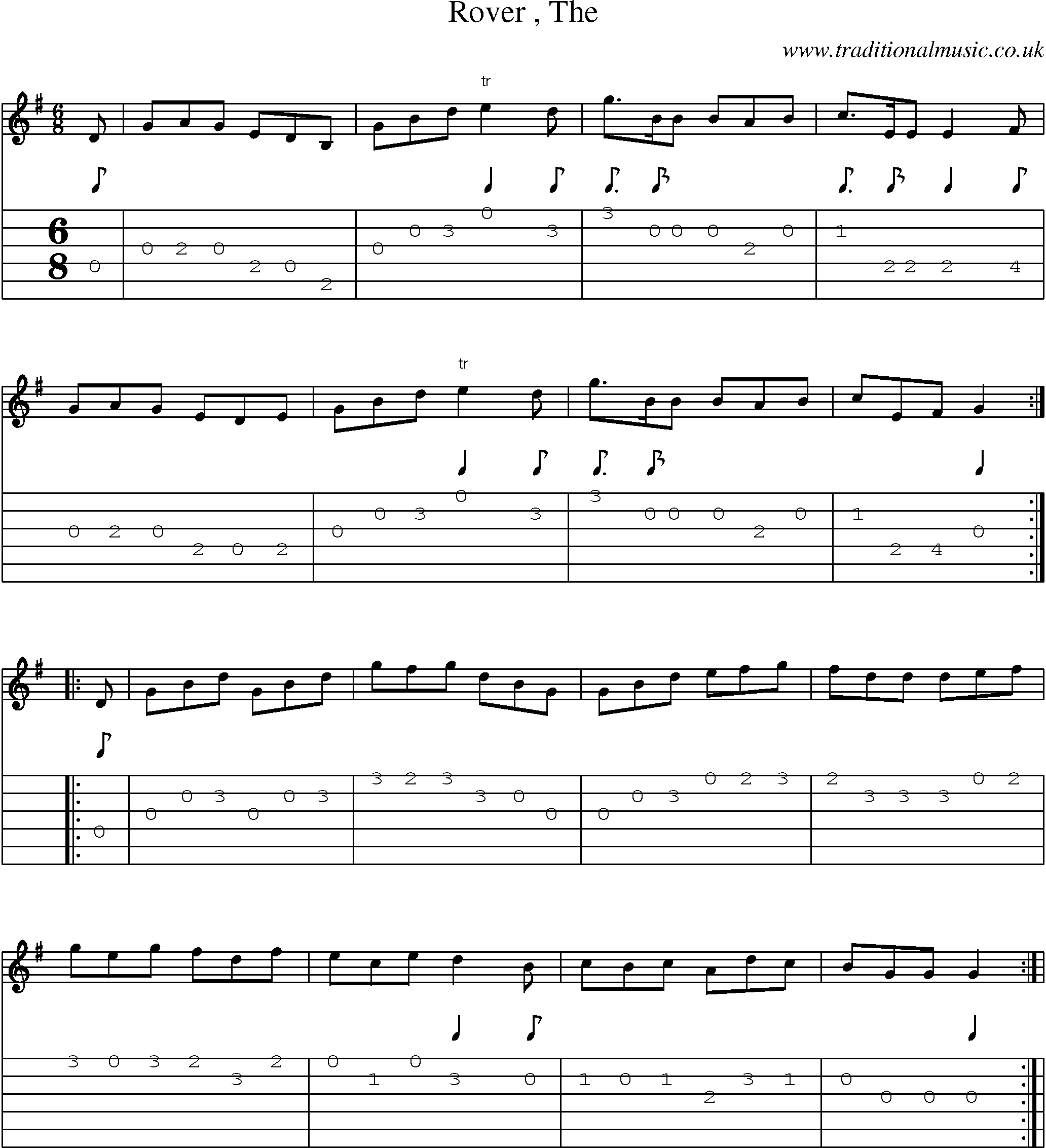 Music Rover Irish Music Tune: Rover with Guitar Tab, Sheetmusic, Midi, Mp3 and PDF