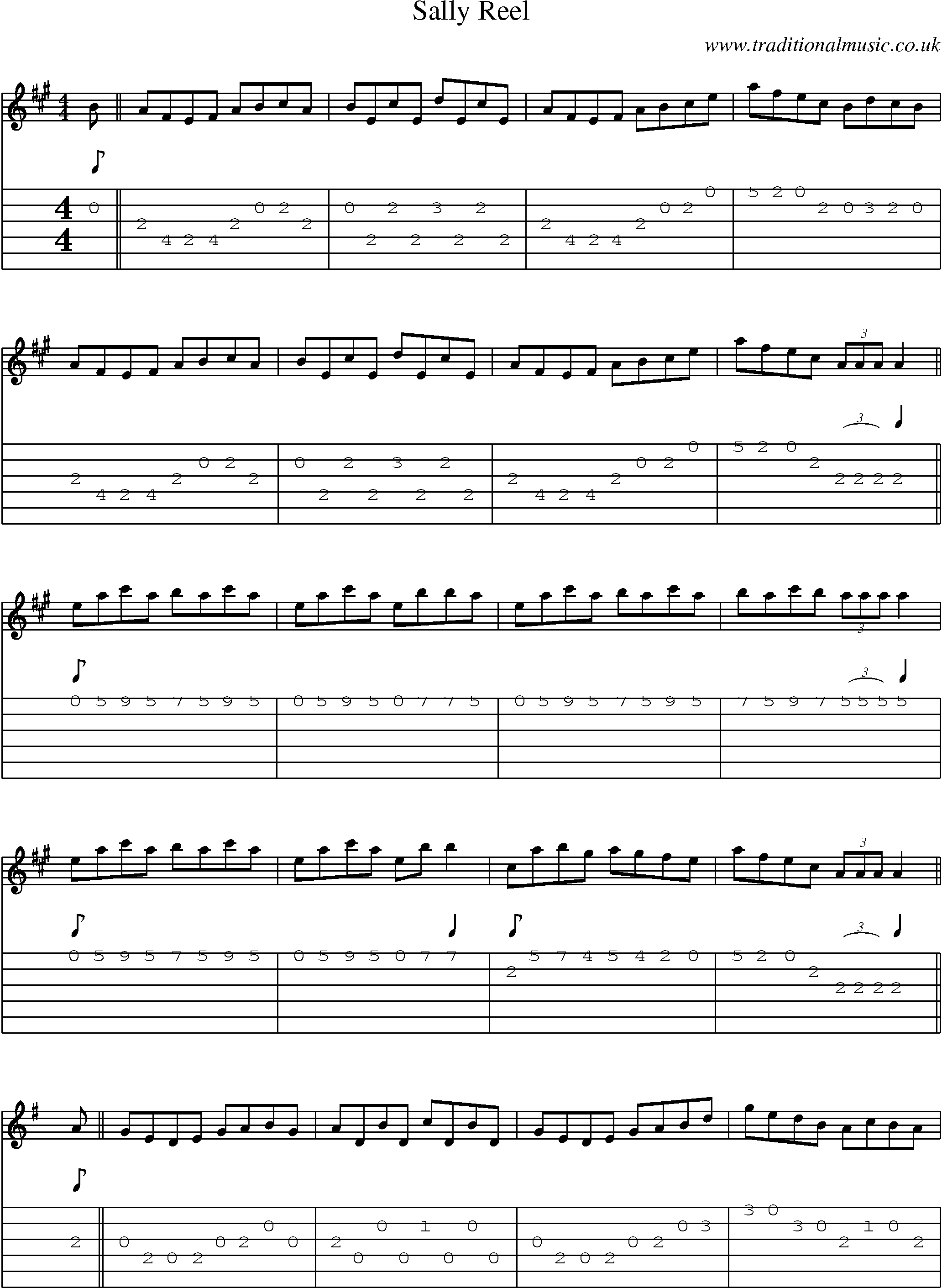 Music Score and Guitar Tabs for Sally Reel