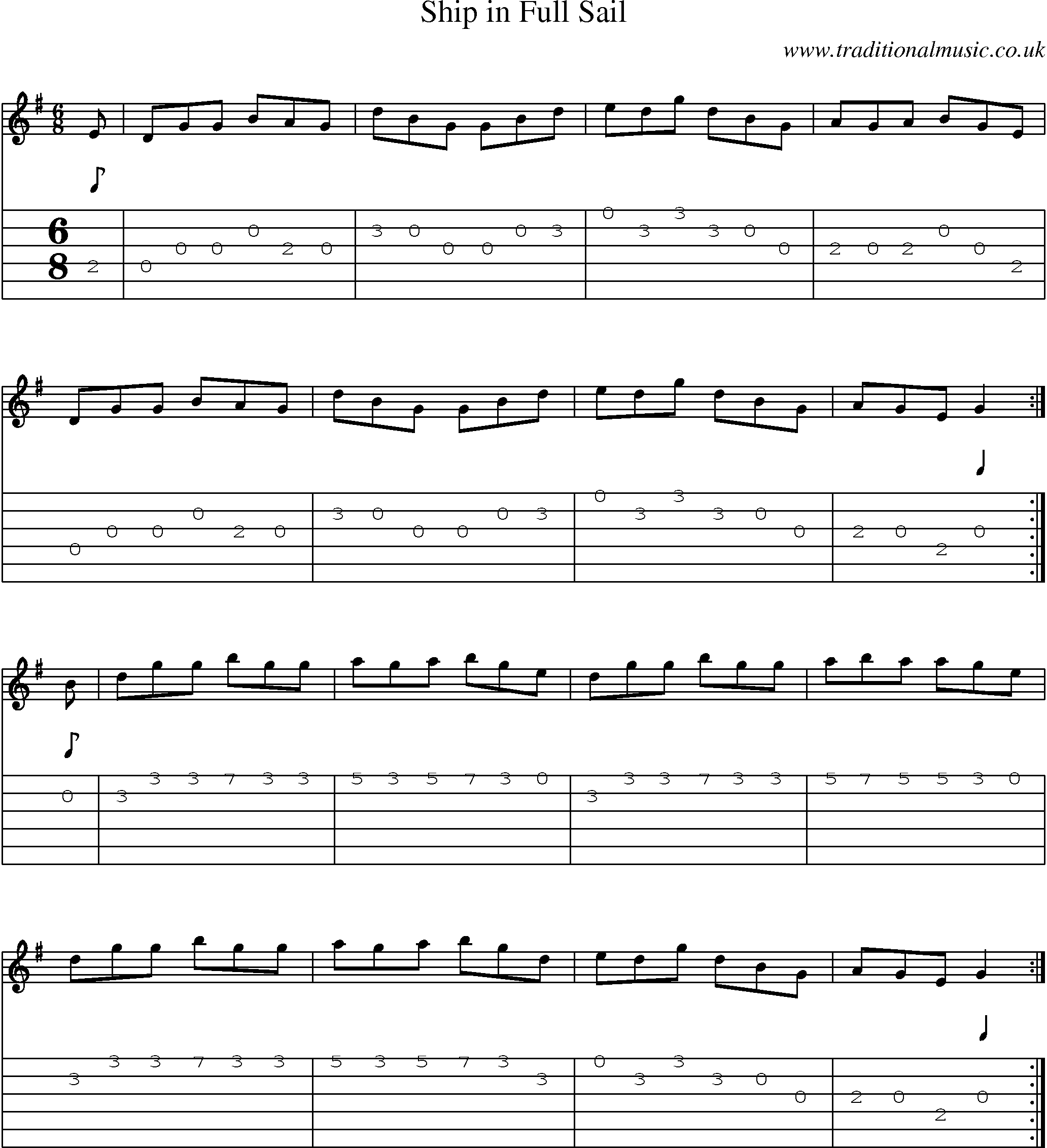 Music Score and Guitar Tabs for Ship In Full Sail