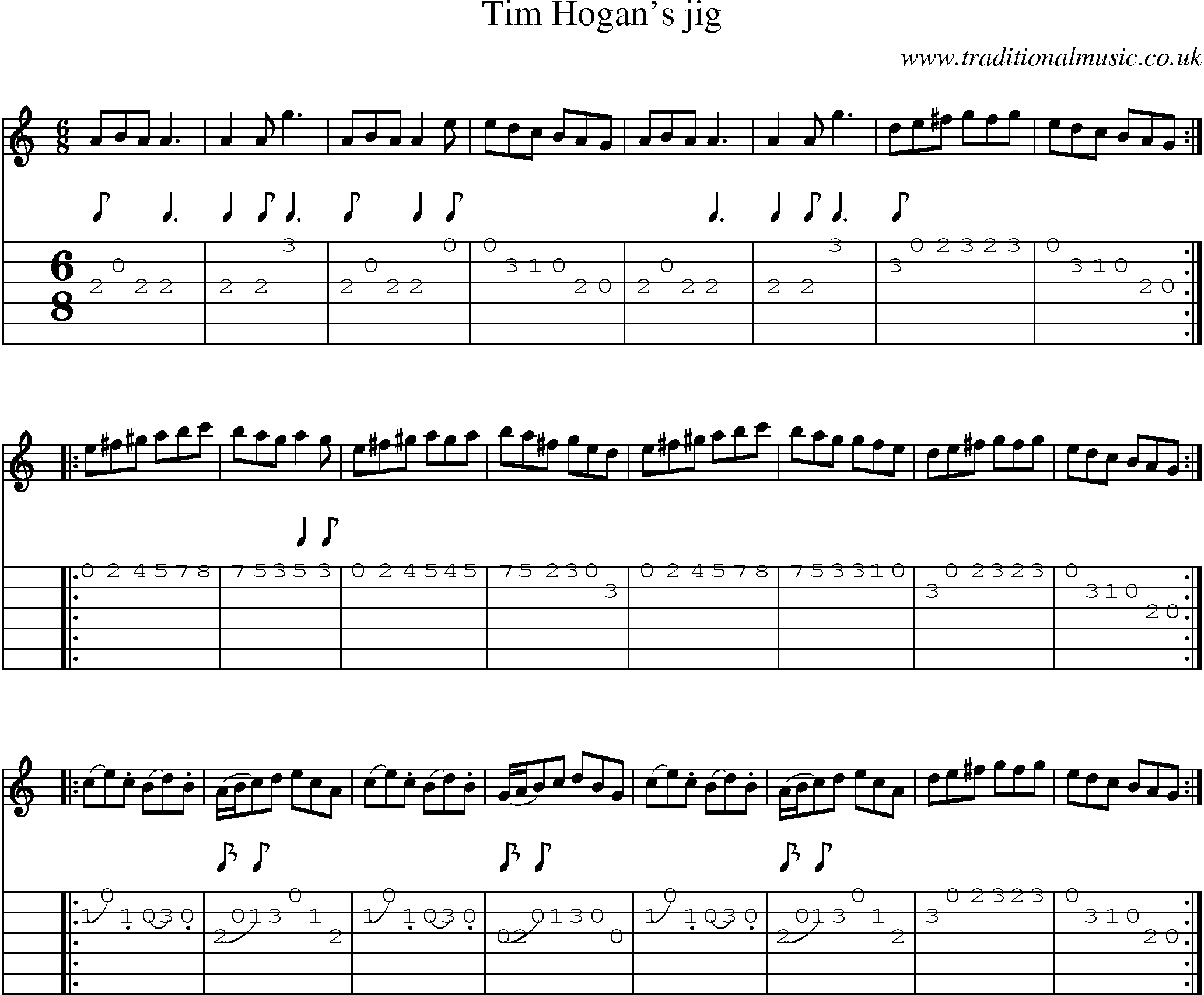 Music Score and Guitar Tabs for Tim Hogans Jig