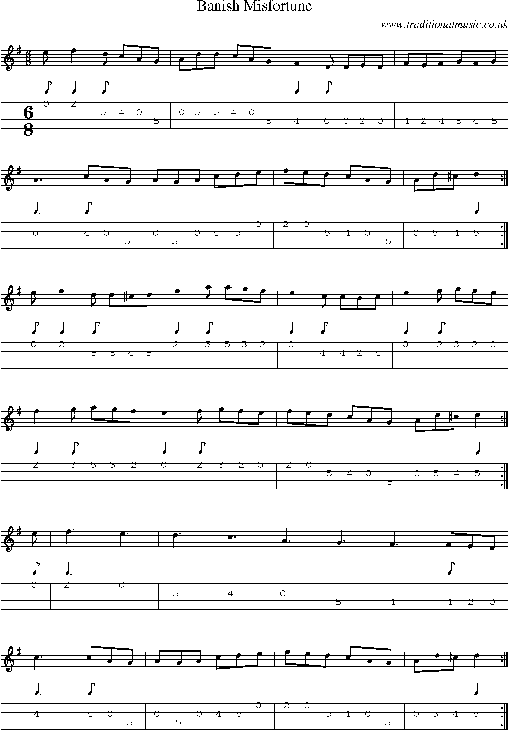 Music Score and Mandolin Tabs for Banish Misfortune