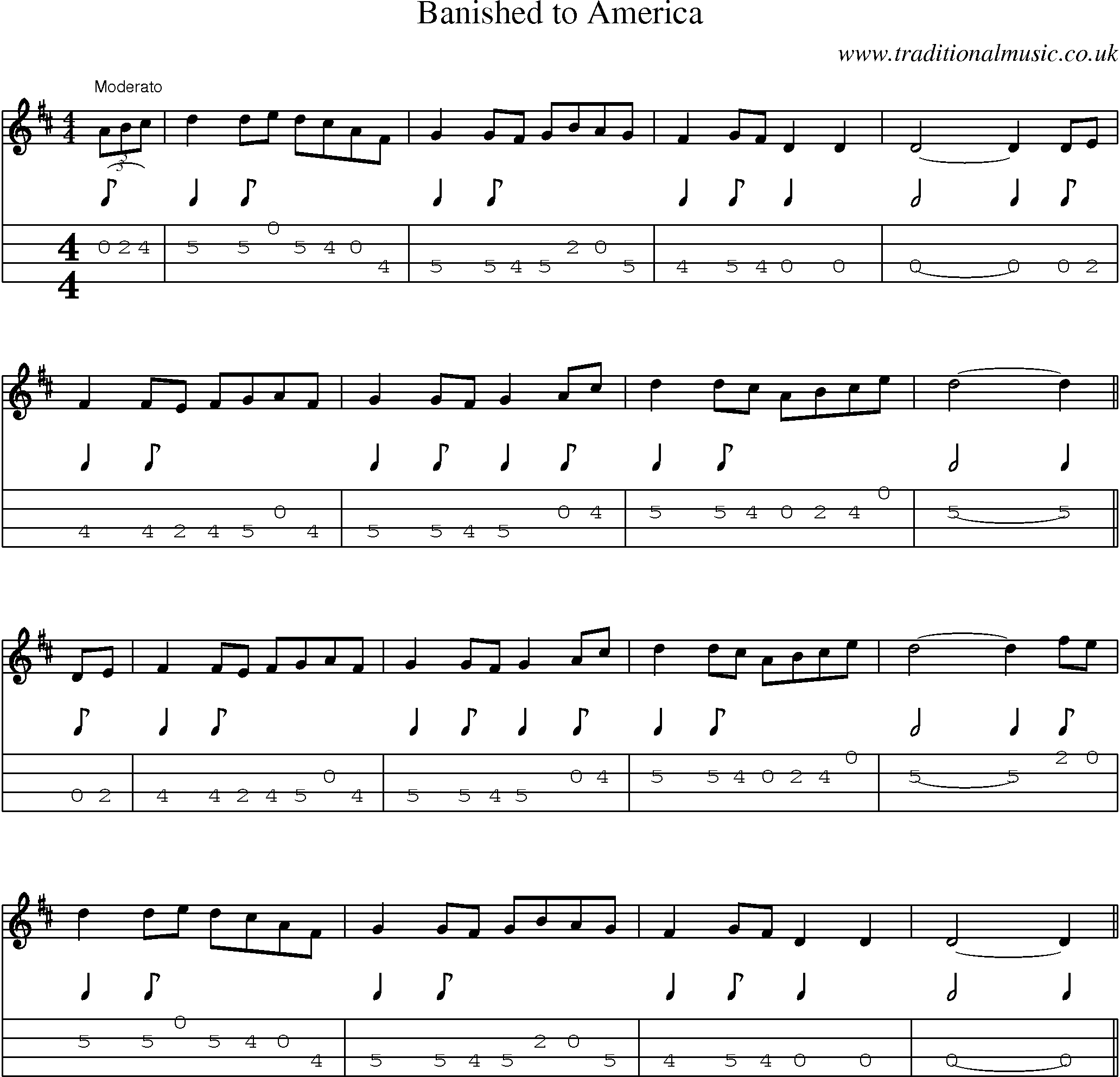 Music Score and Mandolin Tabs for Banished To America