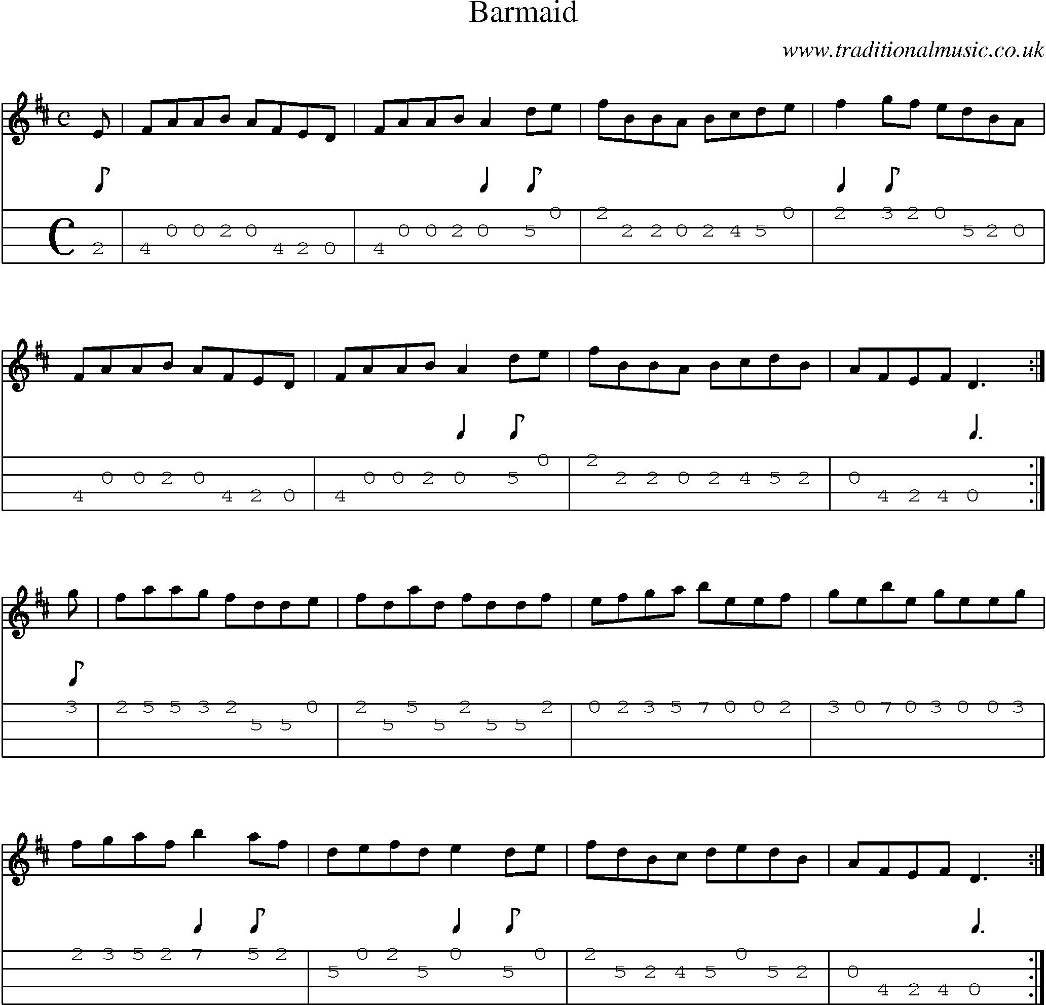 Music Score and Mandolin Tabs for Barmaid