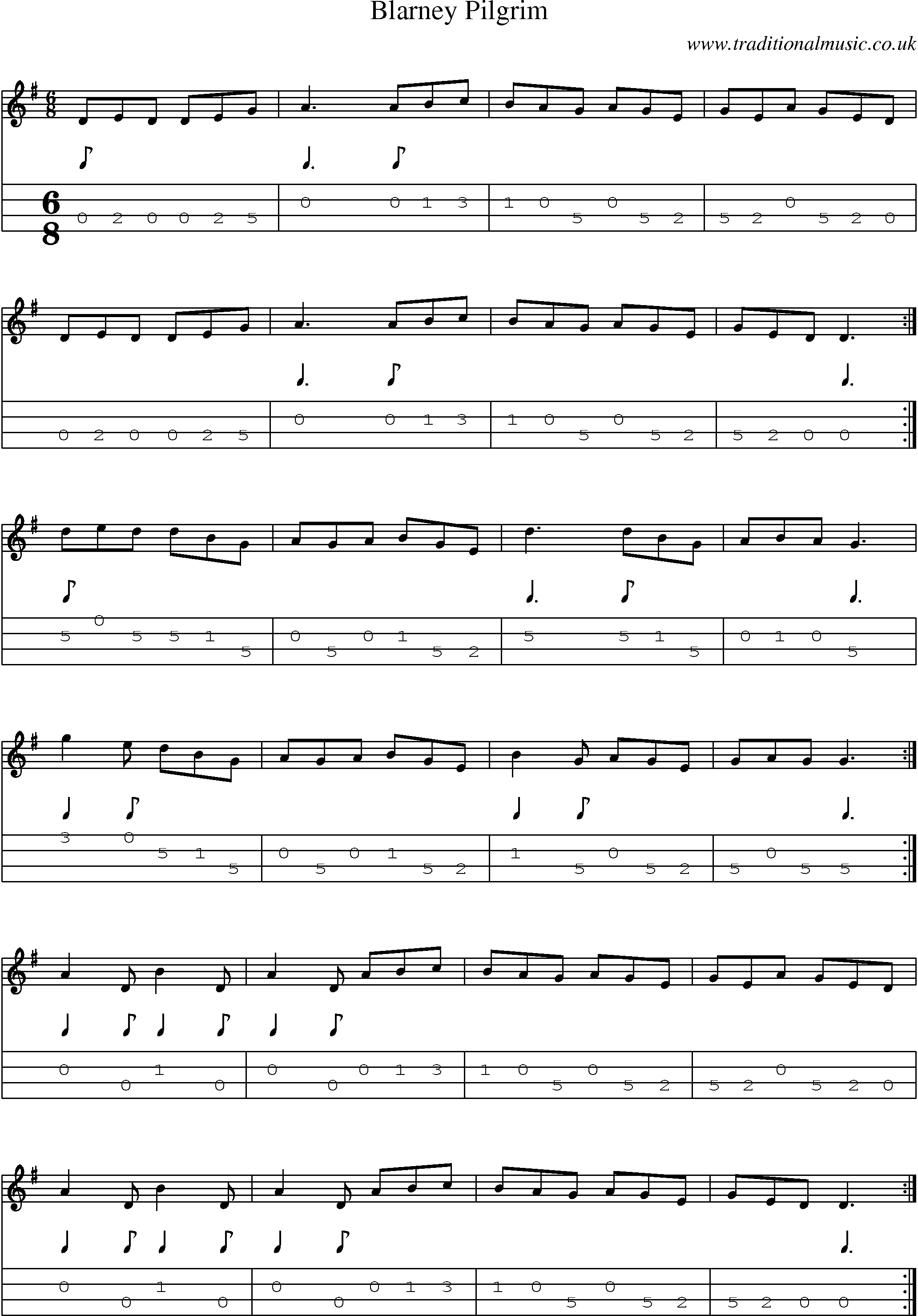 Music Score and Mandolin Tabs for Blarney Pilgrim