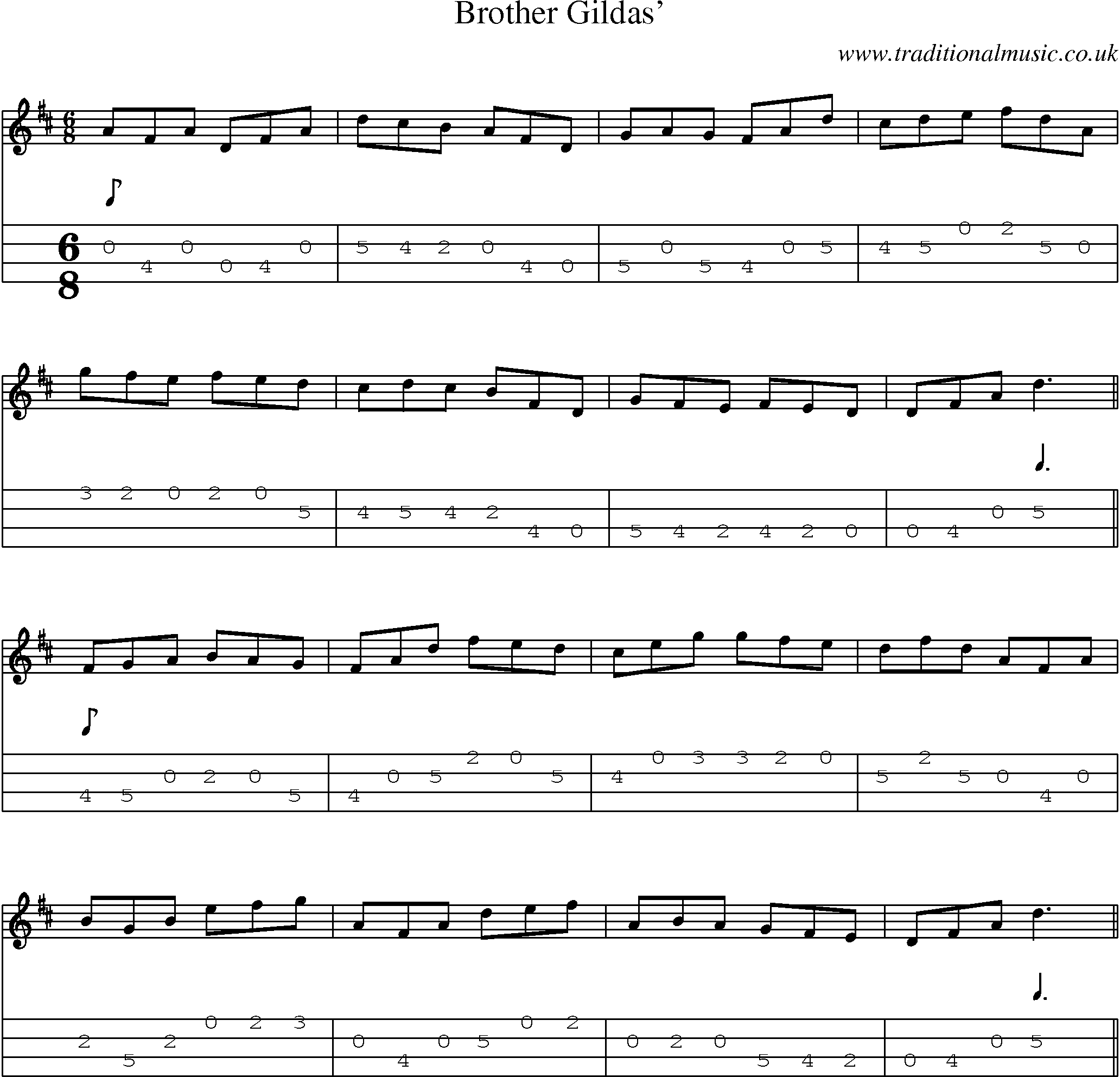 Music Score and Mandolin Tabs for Brother Gildas
