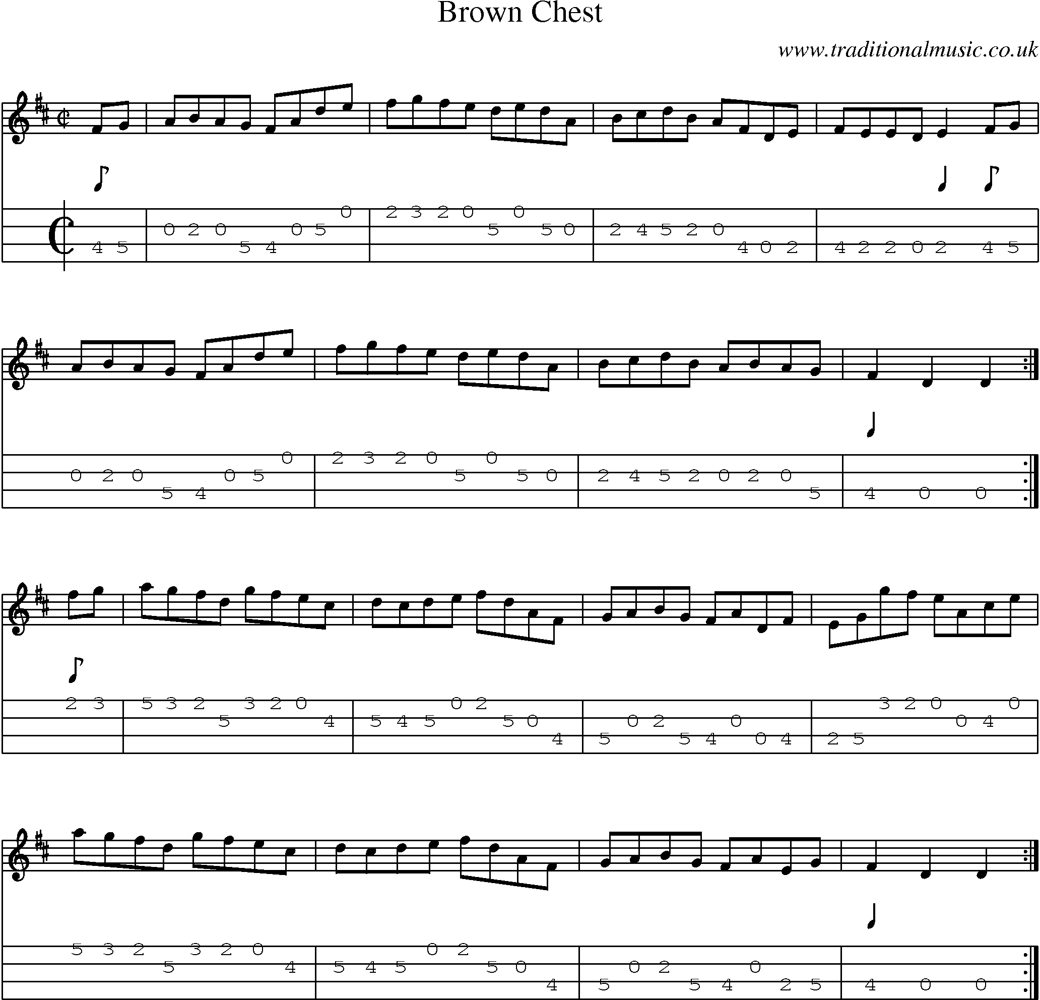 Music Score and Mandolin Tabs for Brown Chest