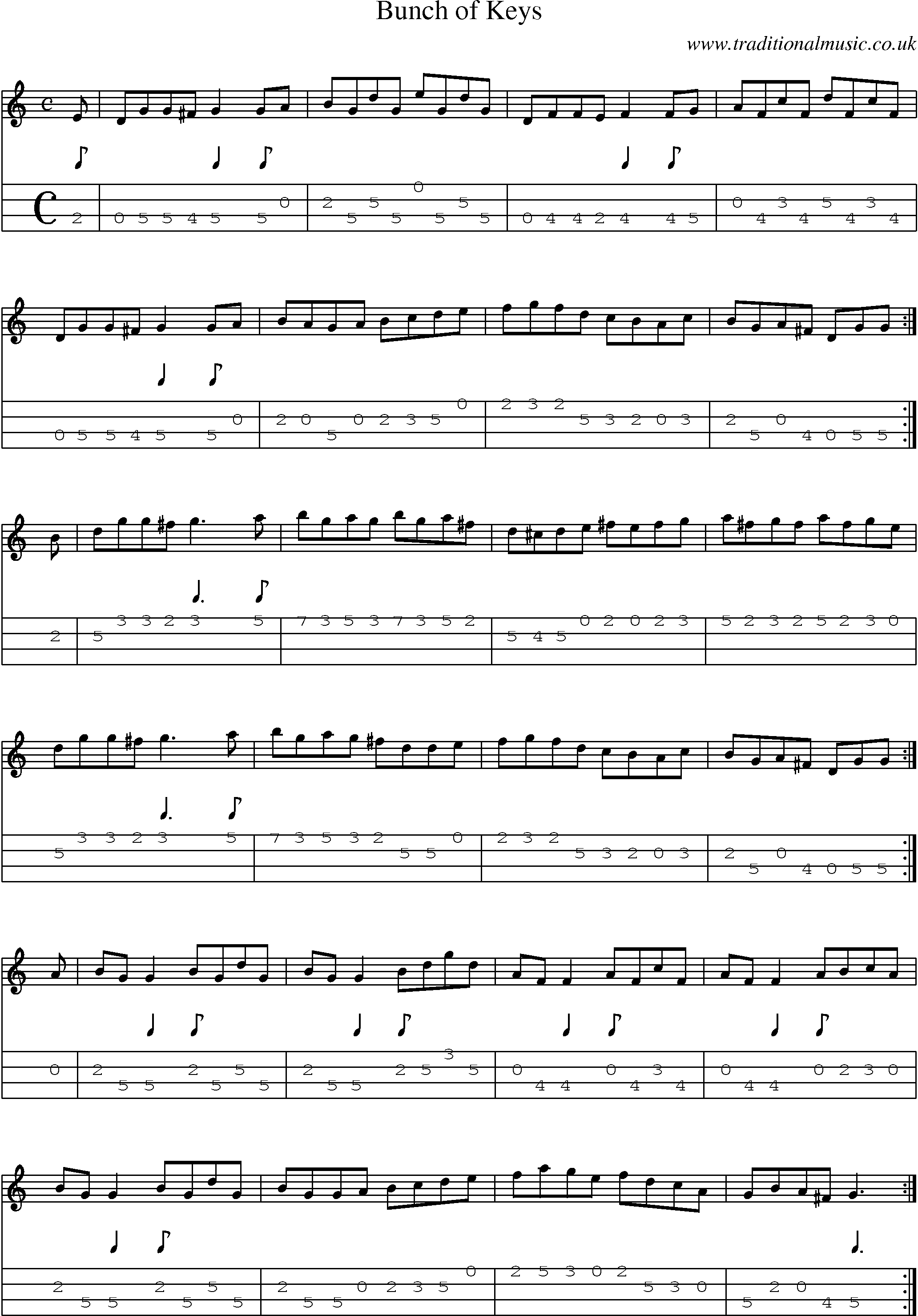 Music Score and Mandolin Tabs for Bunch Of Keys