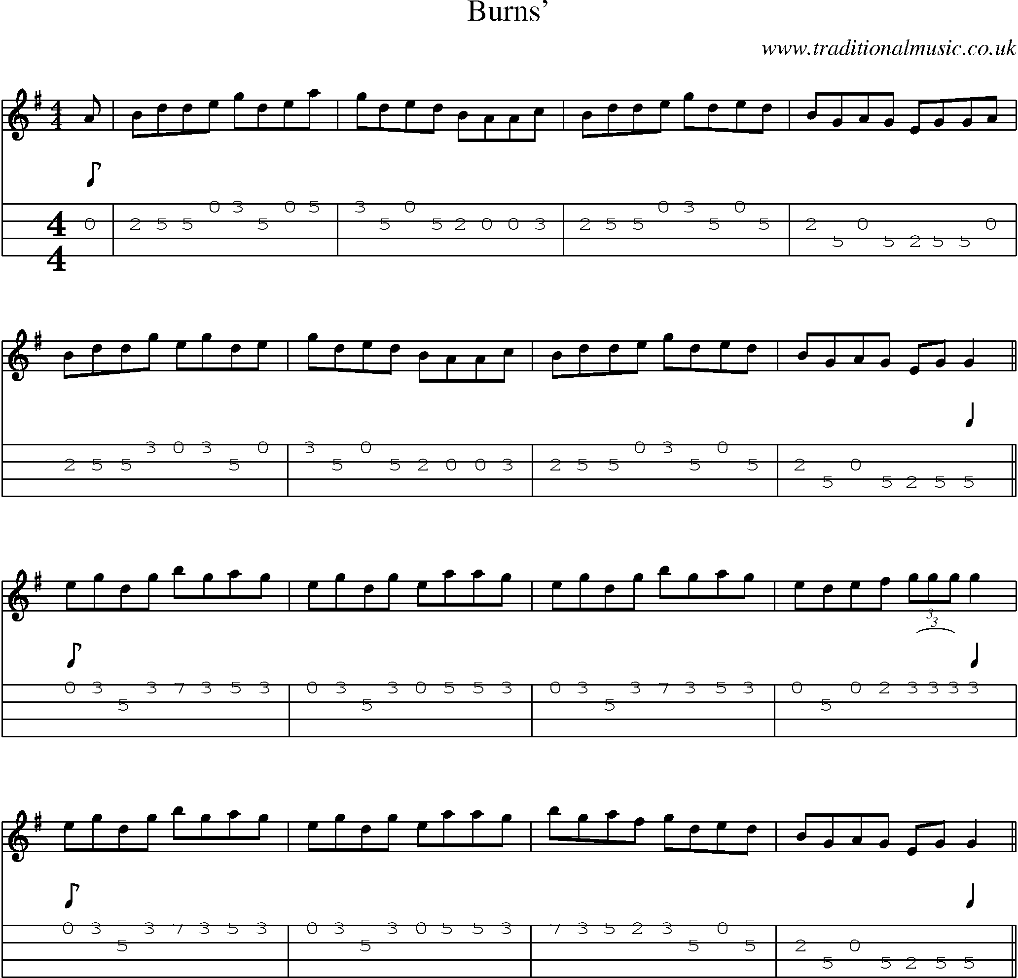 Music Score and Mandolin Tabs for Burns