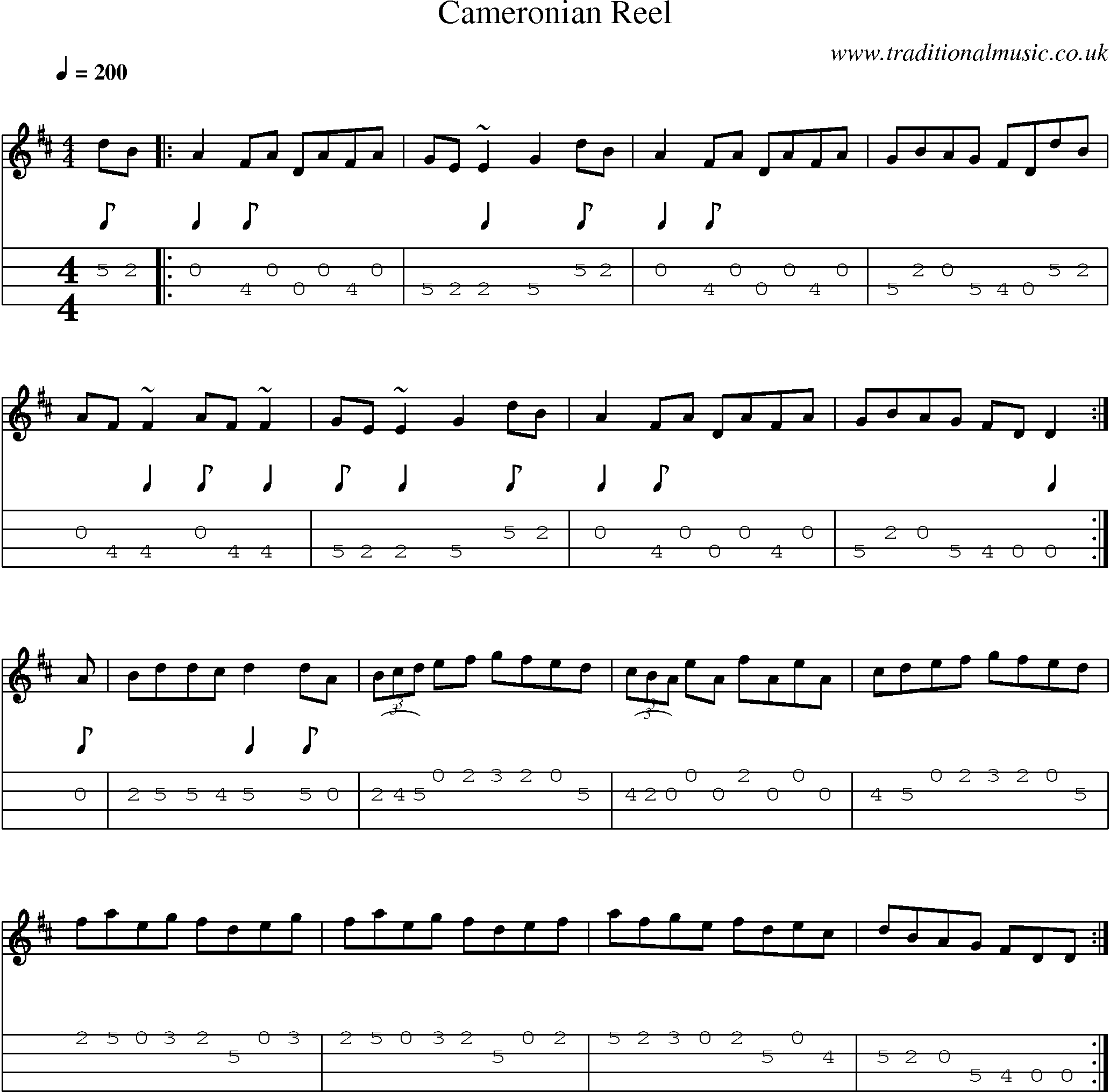 Music Score and Mandolin Tabs for Cameronian Reel
