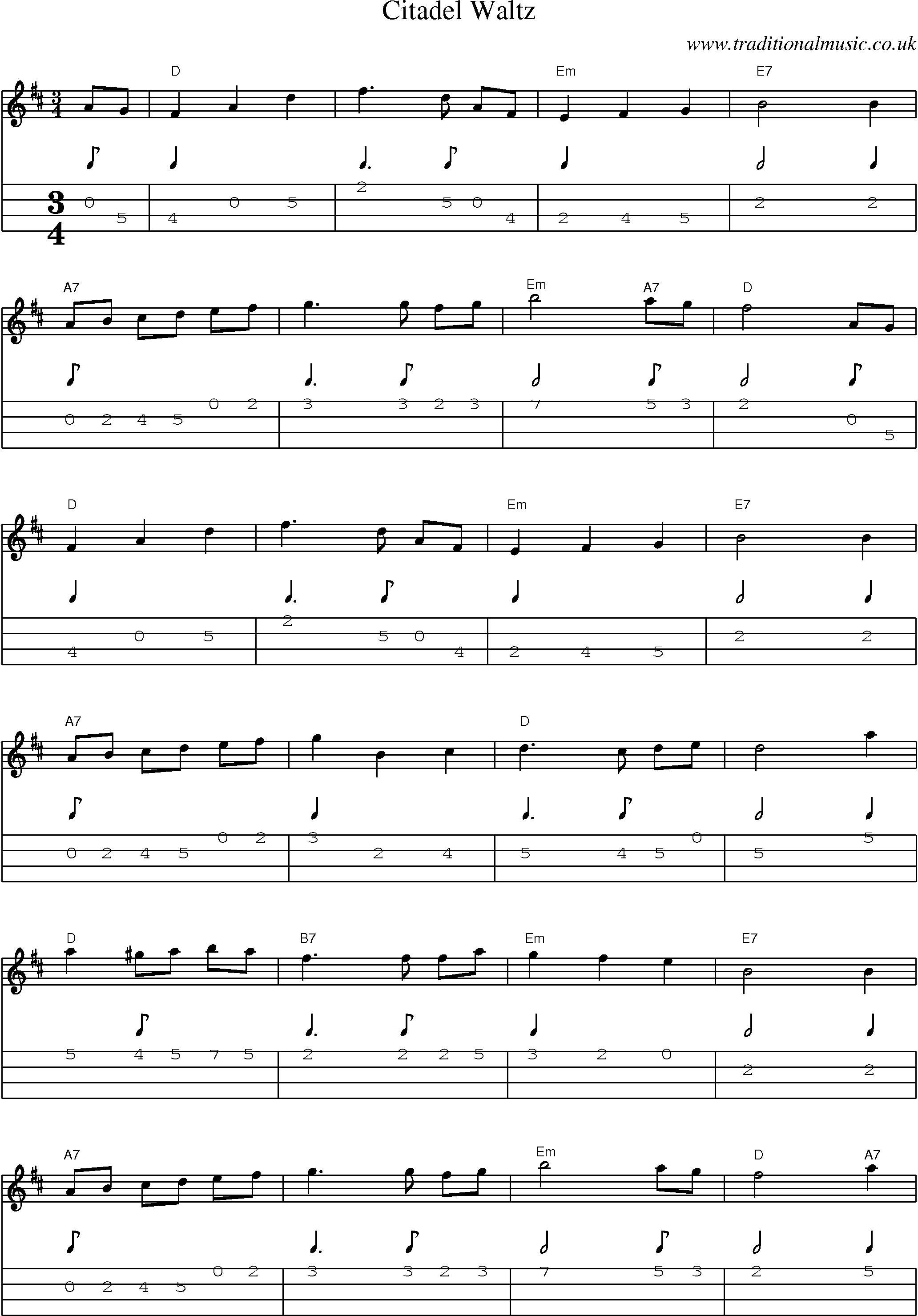 Music Score and Mandolin Tabs for Citadel Waltz