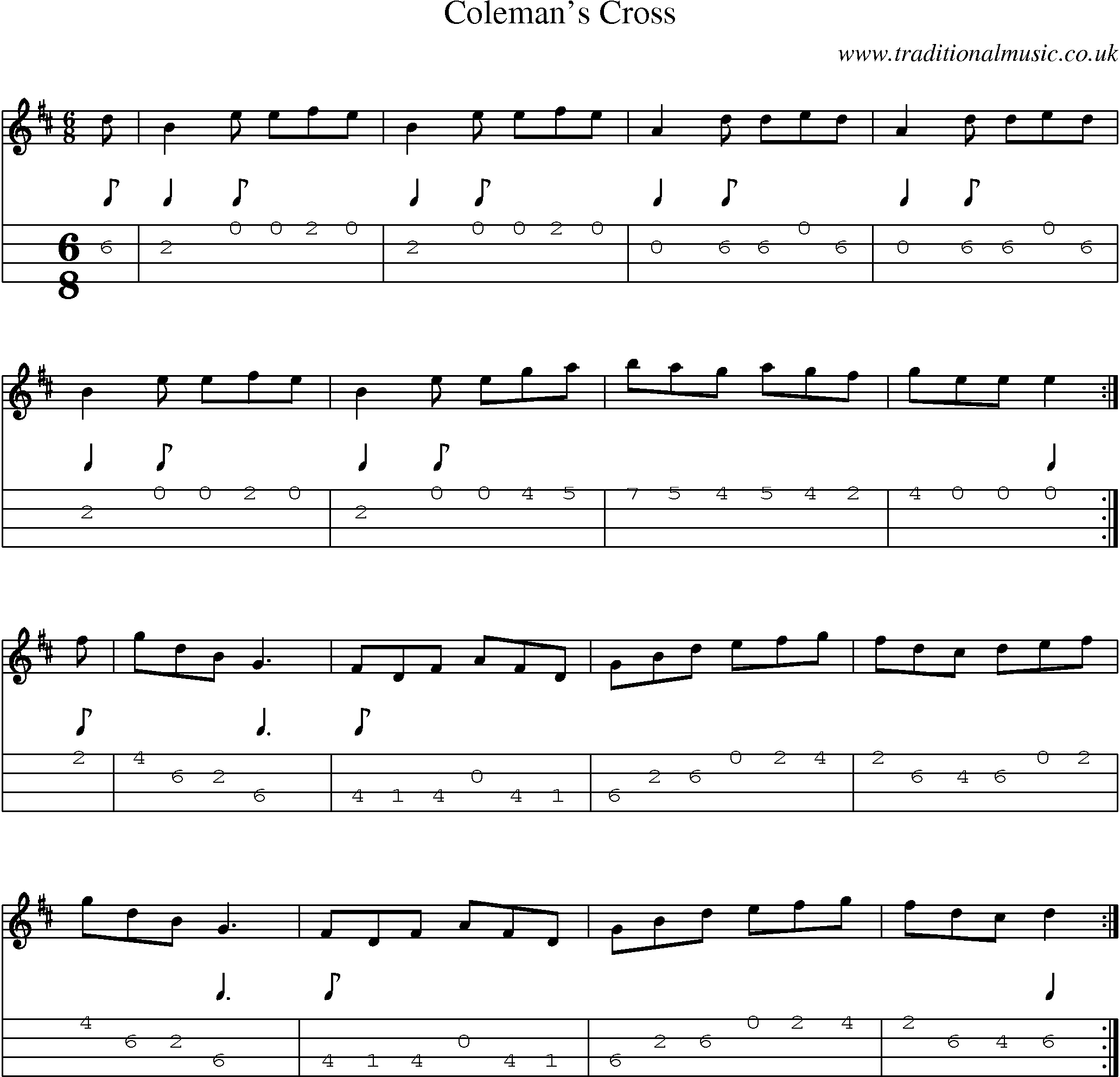Music Score and Mandolin Tabs for Colemans Cross