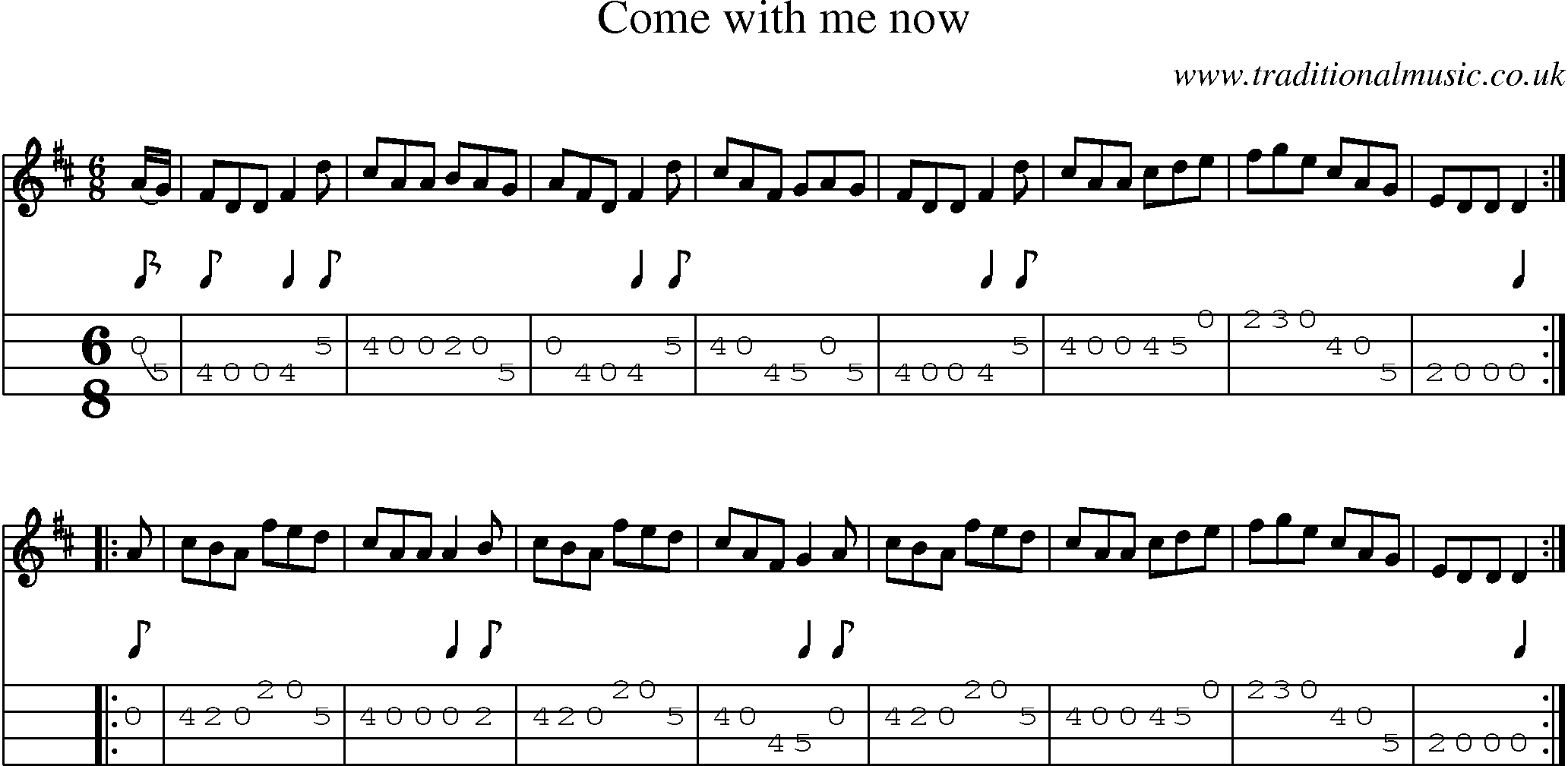 Music Score and Mandolin Tabs for Come With Me Now