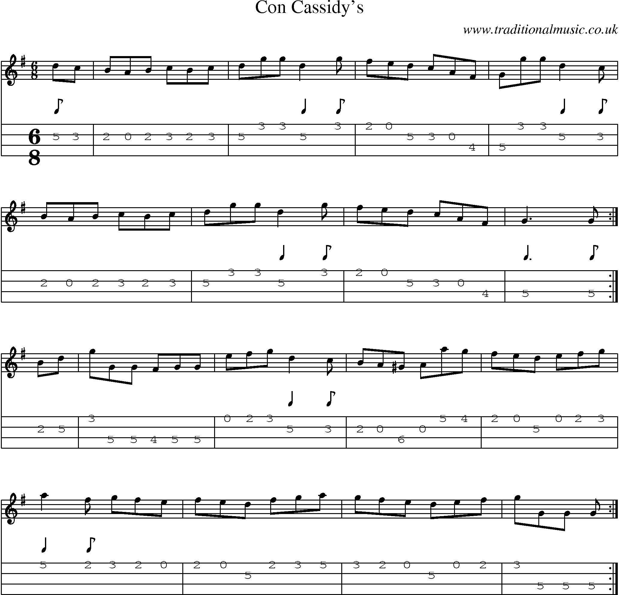 Music Score and Mandolin Tabs for Con Cassidys