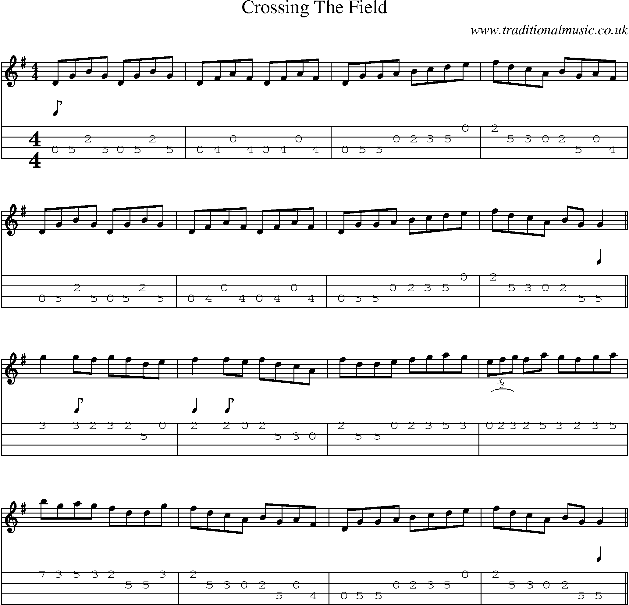 Music Score and Mandolin Tabs for Crossing Field