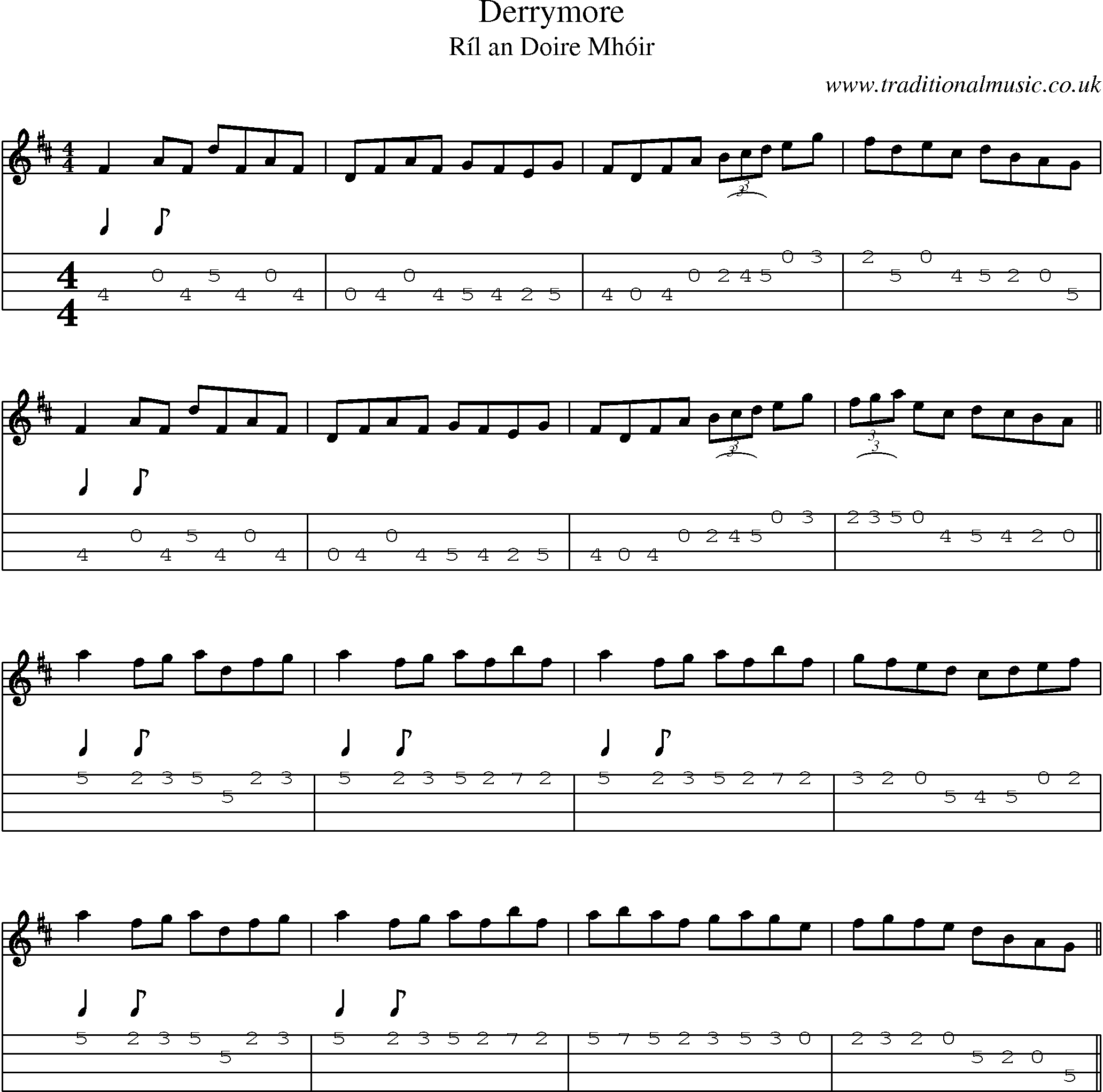 Music Score and Mandolin Tabs for Derrymore