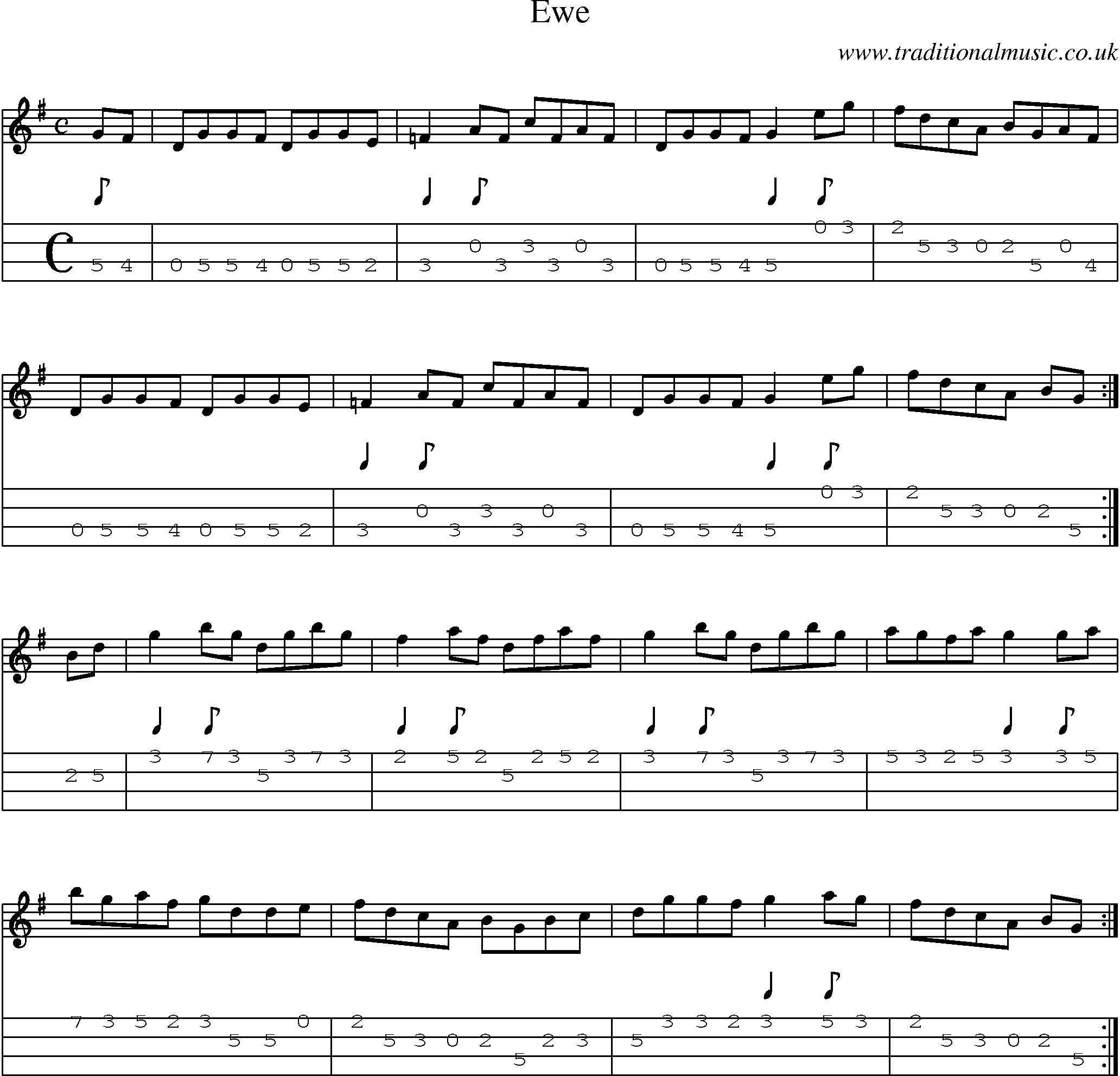 Music Score and Mandolin Tabs for Ewe