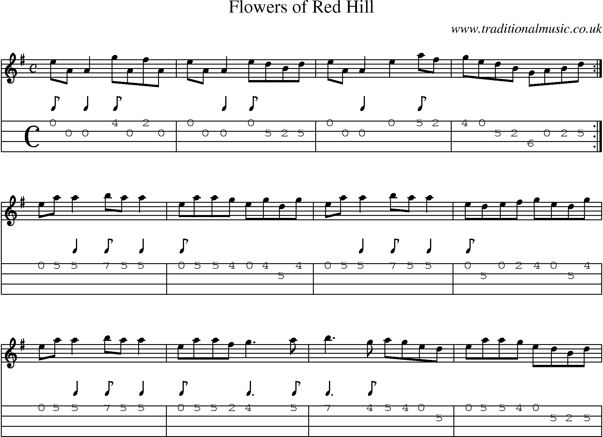 Music Score and Mandolin Tabs for Flowers Of Red Hill