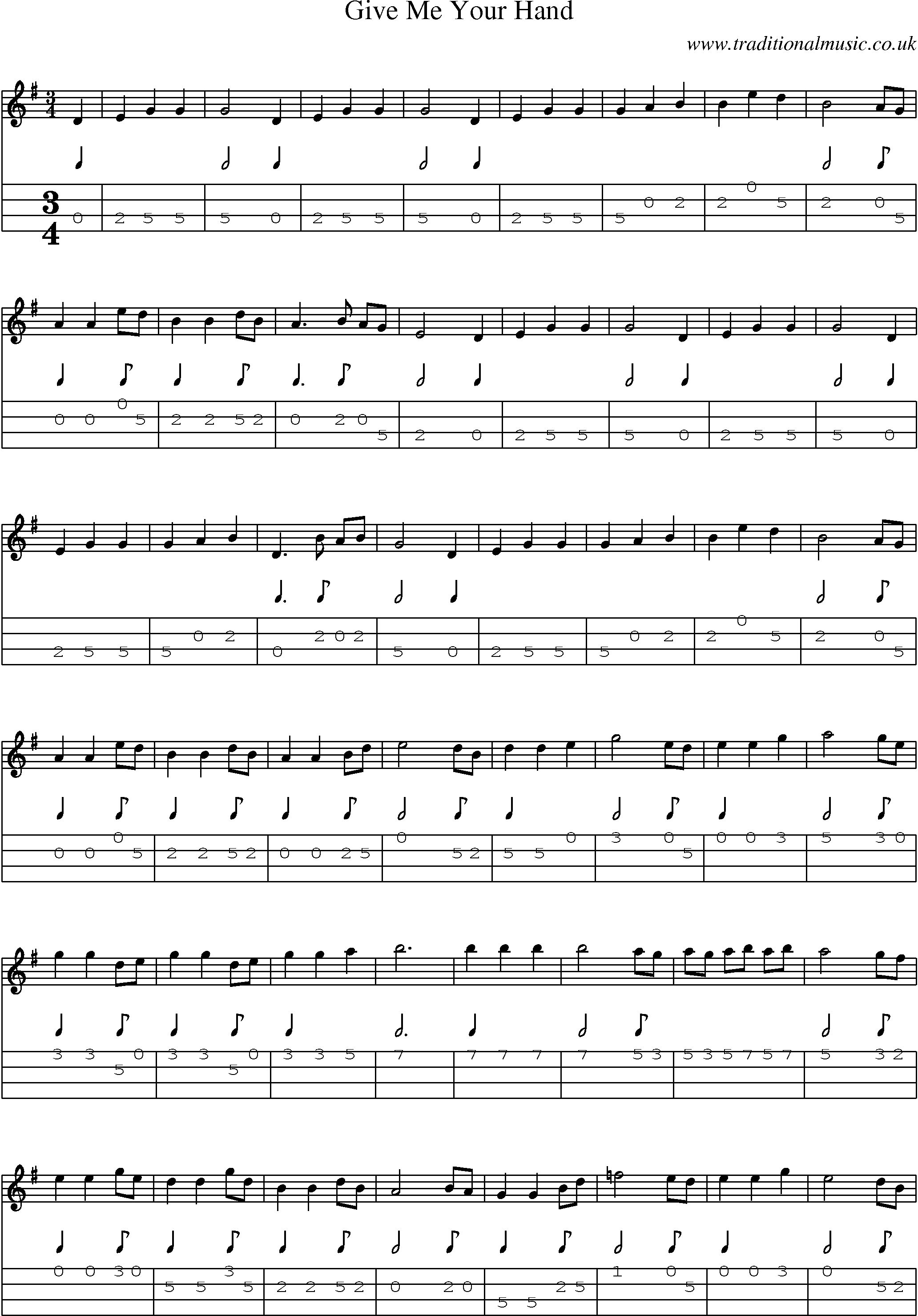Music Score and Mandolin Tabs for Give Me Your Hand