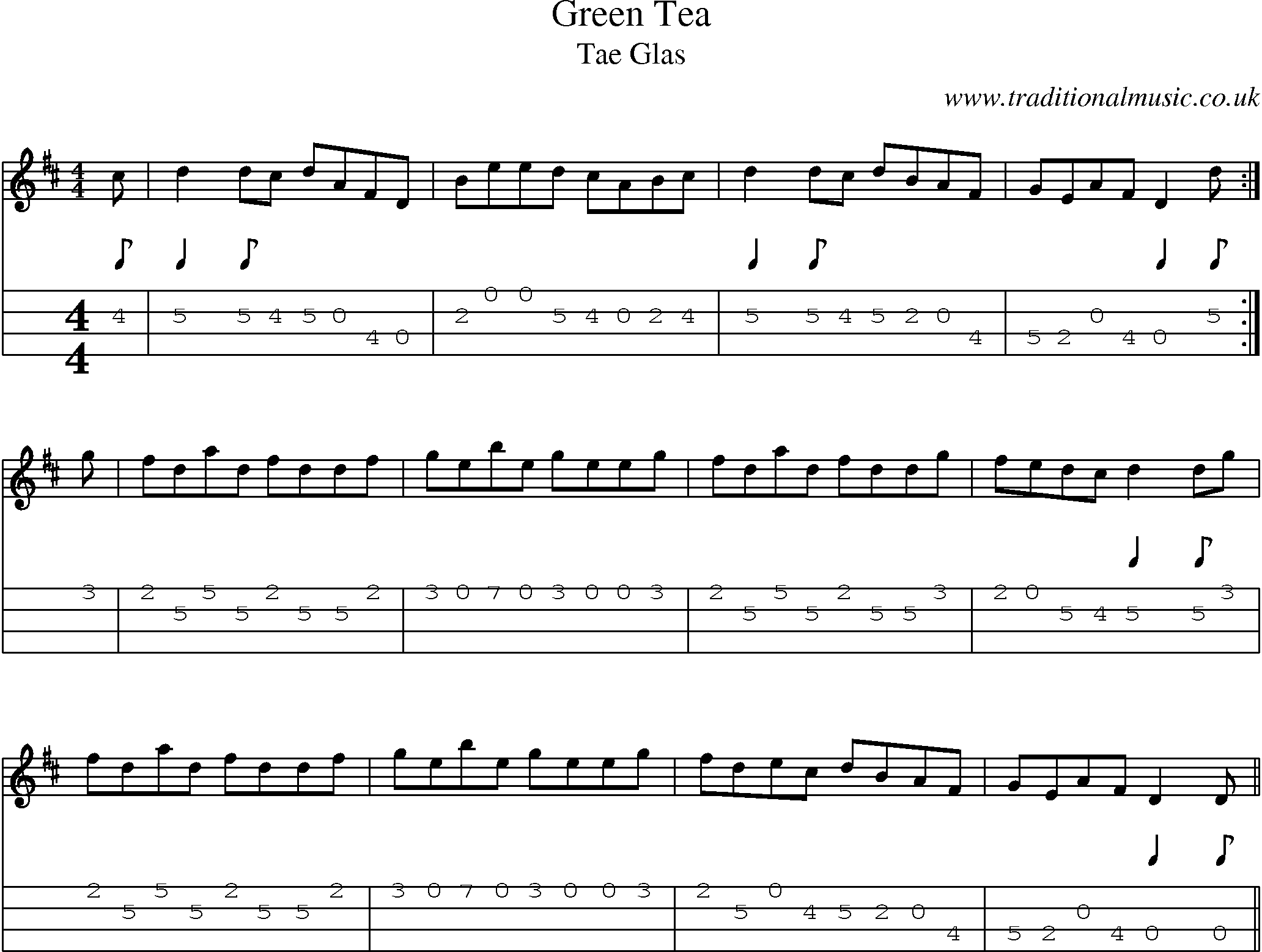 Music Score and Mandolin Tabs for Green Tea