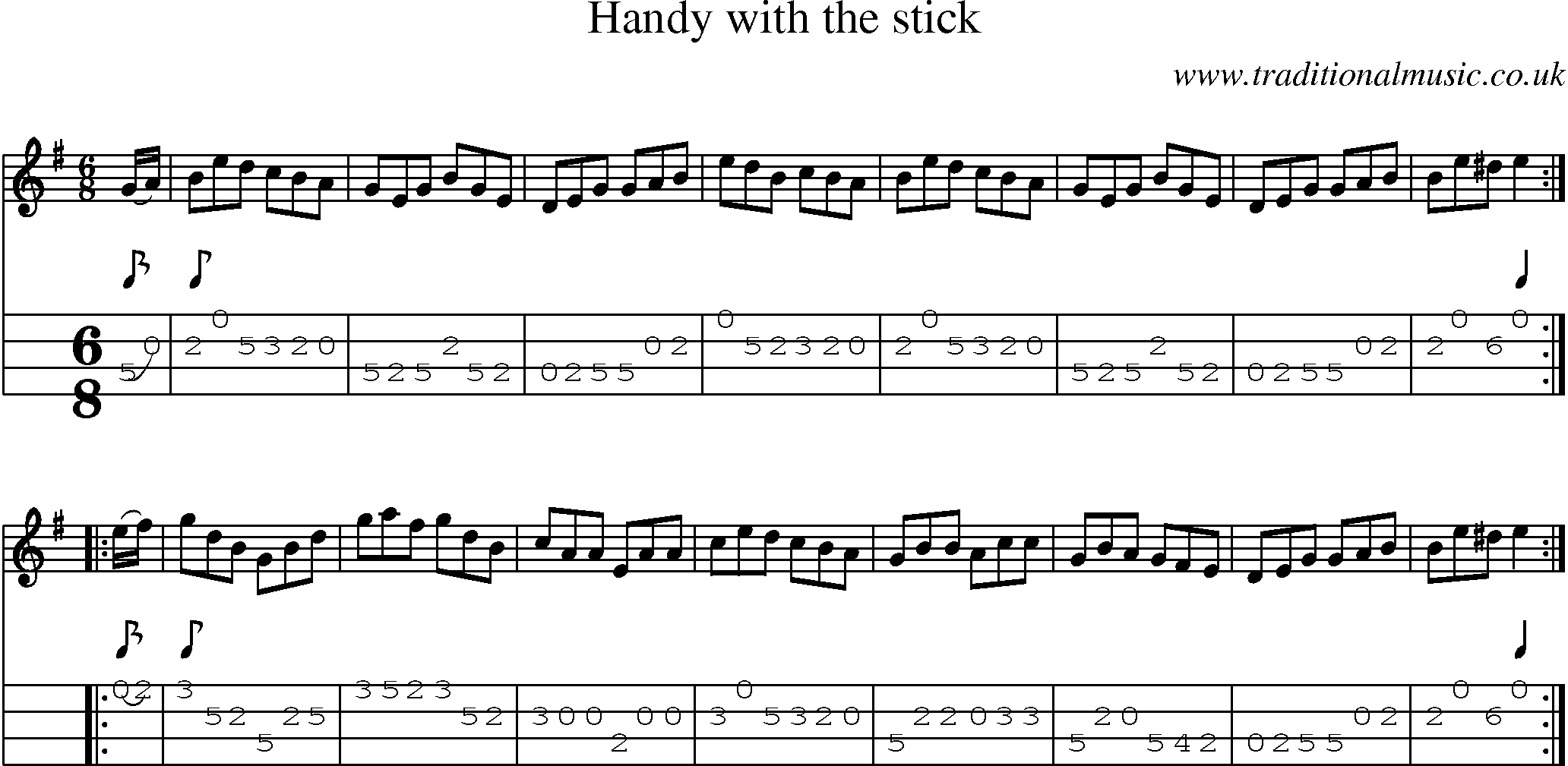 Music Score and Mandolin Tabs for Handy With The Stick